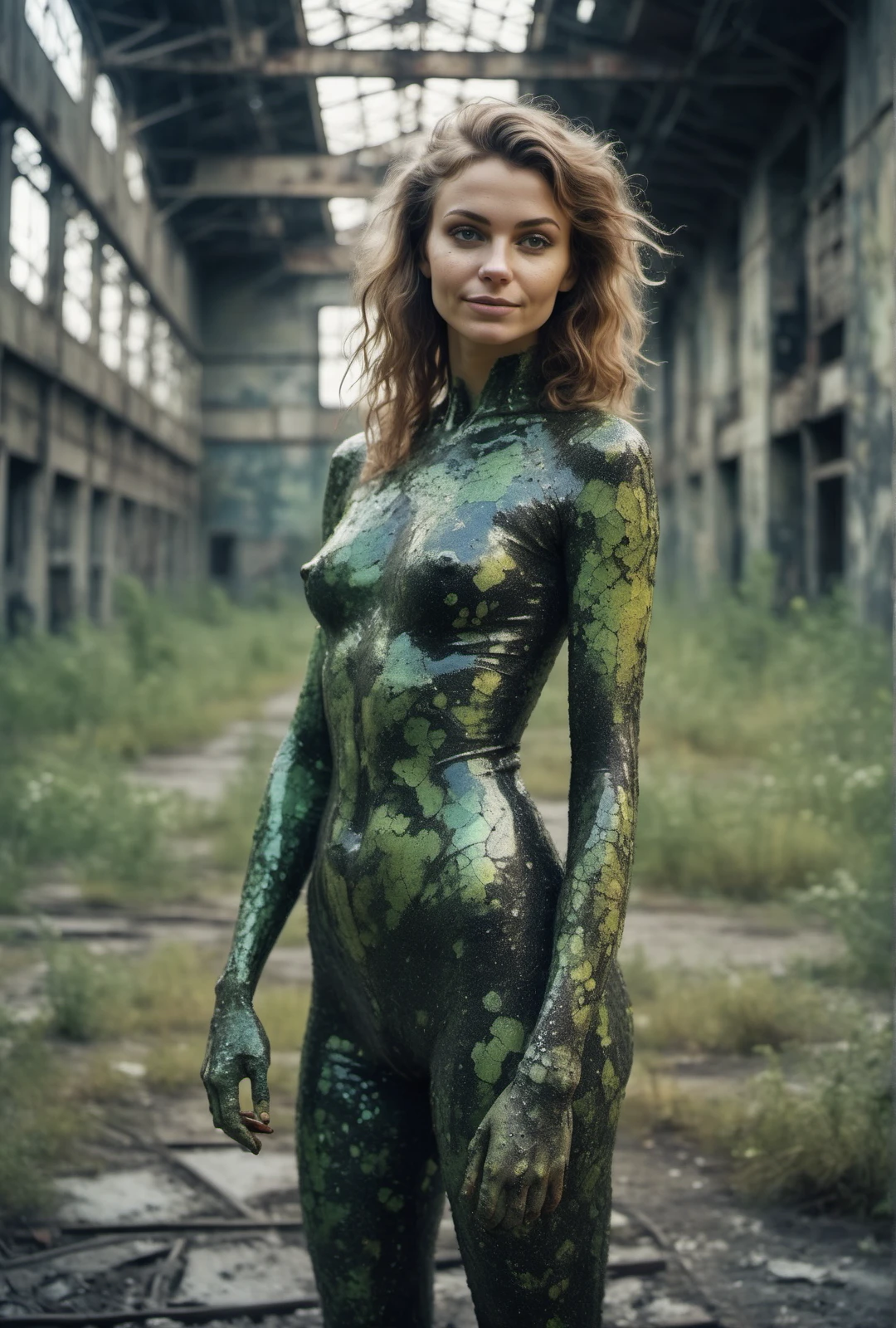 realistic full body shot of (pure natural woman:1.15) with natural skin texture and intricate body art, she is showing thumb up in abandoned industrial zone in Chernobyl, (lewd playful expression, perfect feminine anatomy, perfect hands:1.18), skin defects and moles, (glitter:0.85), (shiny black slime, Voronoi scales, depth of field, (swirly bokeh:0.875), (Kodak Portra 400:0.925) :1.25), (realistic complex abandoned nuclear plant background:1.1), shiny glass, (cosmic horror, gloom, light leaks, mysterious, surreal:1.1), remarkable masterpiece, celestial, ethereal, epic, magical light flares, natural soft dreamy lighting, ((warm-yellow and cold-green:0.85), cinematic look, ideal hand anatomy, hairy pubic, hairy armpits:1.25)