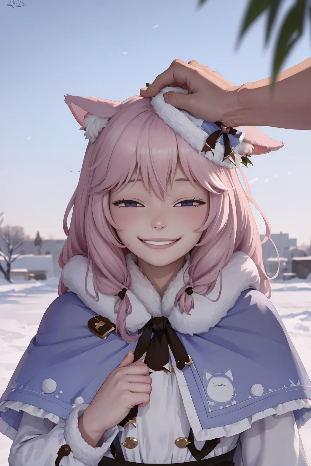 masterpiece, best quality, IncrsHeadpatPOV, headpat, pov, <lora:HeadpatPOVV2:1>, 1girl, NyannersWinter, cat ears, fur hat, winter clothes, fur-trimmed dress, fur-trimmed capelet, <lora:Char_VTuber_Nyanners:1>, IncrsAnyasHehFaceMeme, grin, smug, <lora:Pos_AnyasHehFaceMeme:1>, upper body,