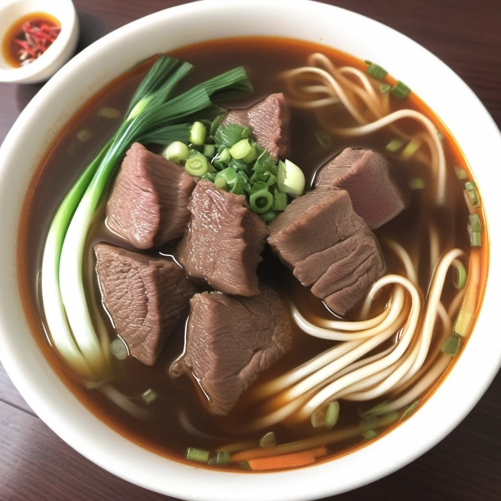 A photorealistic image of a bowl of beef noodle soup, featuring tender chunks of beef and a rich, aromatic broth. The soup should be garnished with chopped green onions and have a deep, reddish-brown color indicative of a red-braised cooking style. The surface of the broth should have visible oil droplets, adding to the richness and depth of flavor. The bowl should be placed on a wooden table or a traditional Chinese setting, and perhaps accompanied by a pair of chopsticks and a spoon, <lora:beef_noodle:0.75>,twbeefnoodle
