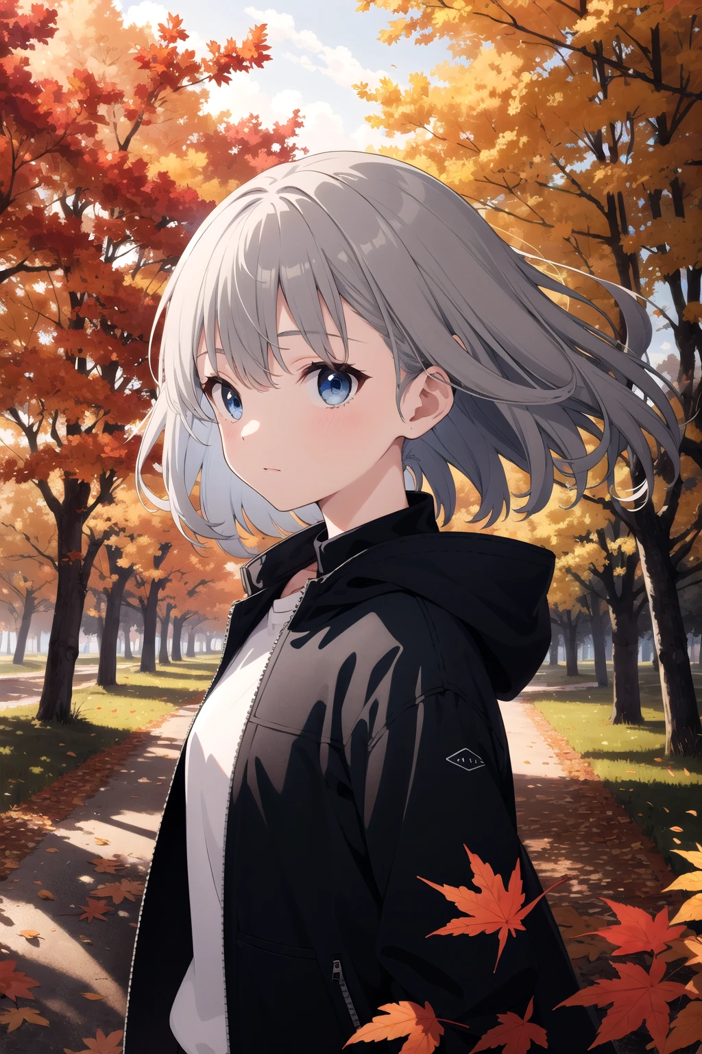 extremely detailed, detailed background, 1girl, solo, autumn, Beautiful light, wind, leaves changing color, grey hair, medium hair, blue eyes, floating hair, shirt, jacket,