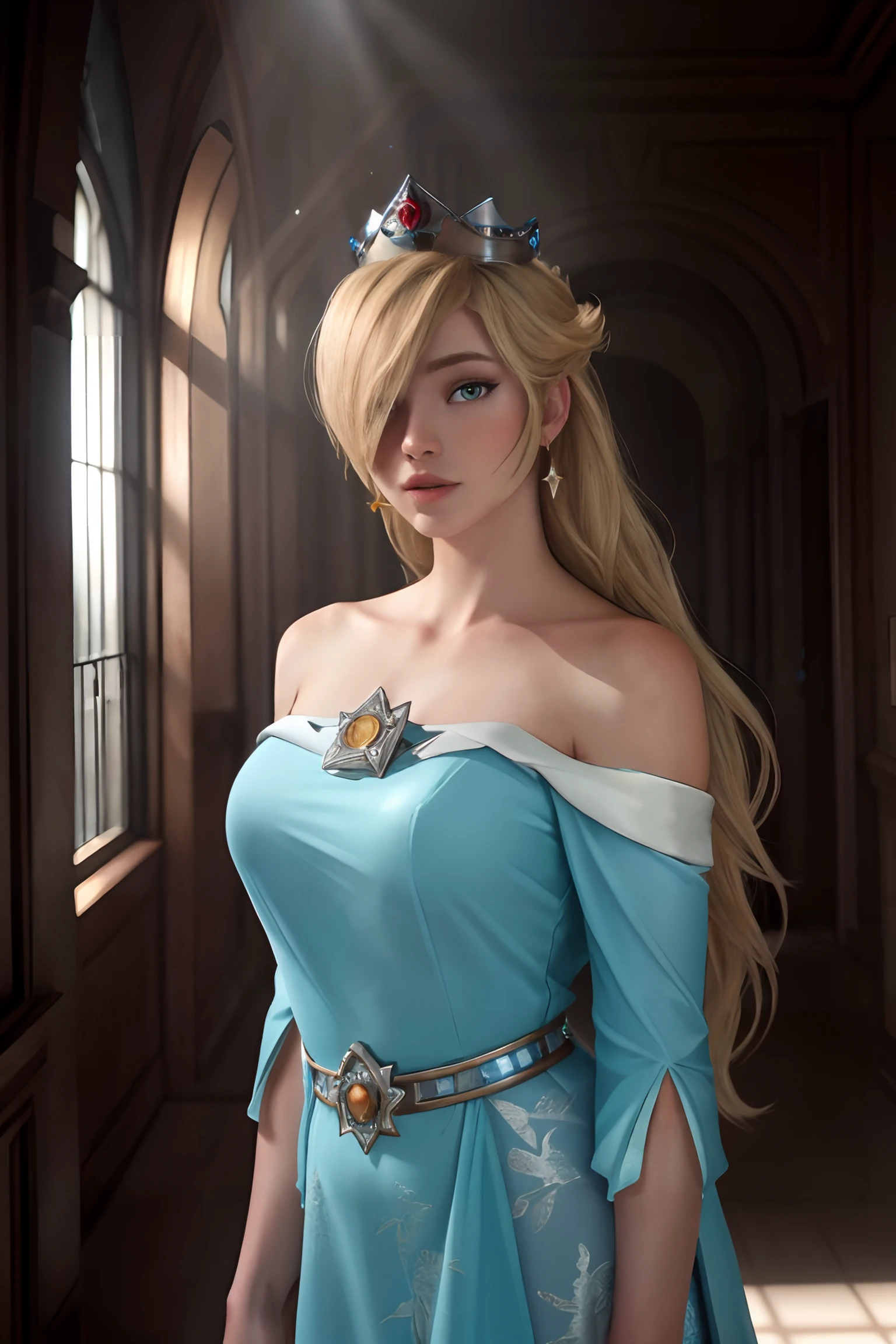 <lyco:epiCRealismHelper:.5> epiCRealism , 1girl,standing,aqua dress, looking at viewer, indoors, space background, crown, photography,  blonde long hair, hair over eye, 
<lyco:ros1-000020_2:1> <lyco:Owstyle4-000009:.7>