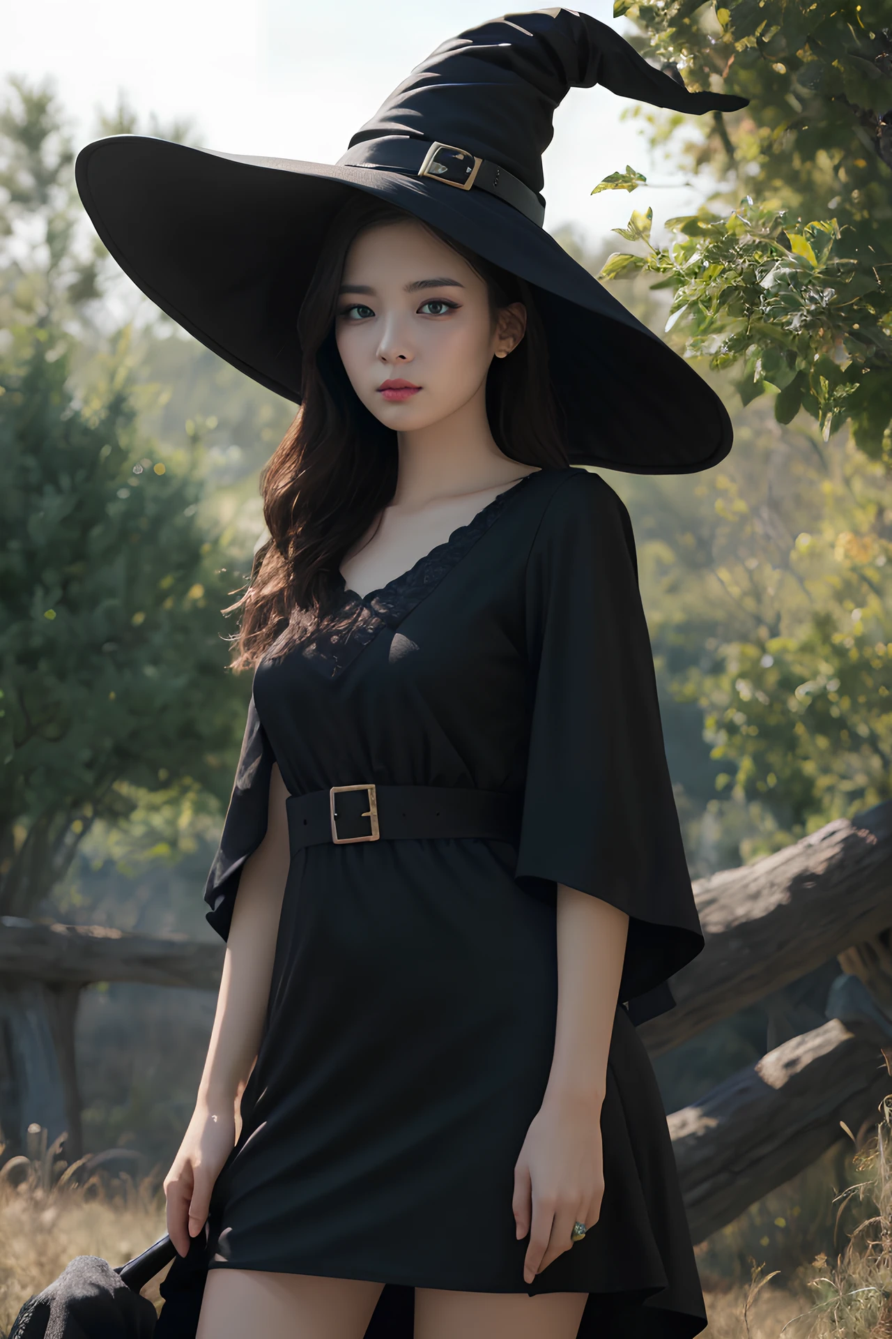 hyper realistic lifelike texture dramatic lighting unreal engine trending on art station, award winning photo, nikon RAW photo,8 k, Fujifilm XT3,masterpiece, best quality, realistic, photorealistic, ultra detailed, extremely detailed face, solo,1girl, standing, fashionable and trendy atmosphere, black dress, (witch hat), at dark fields,