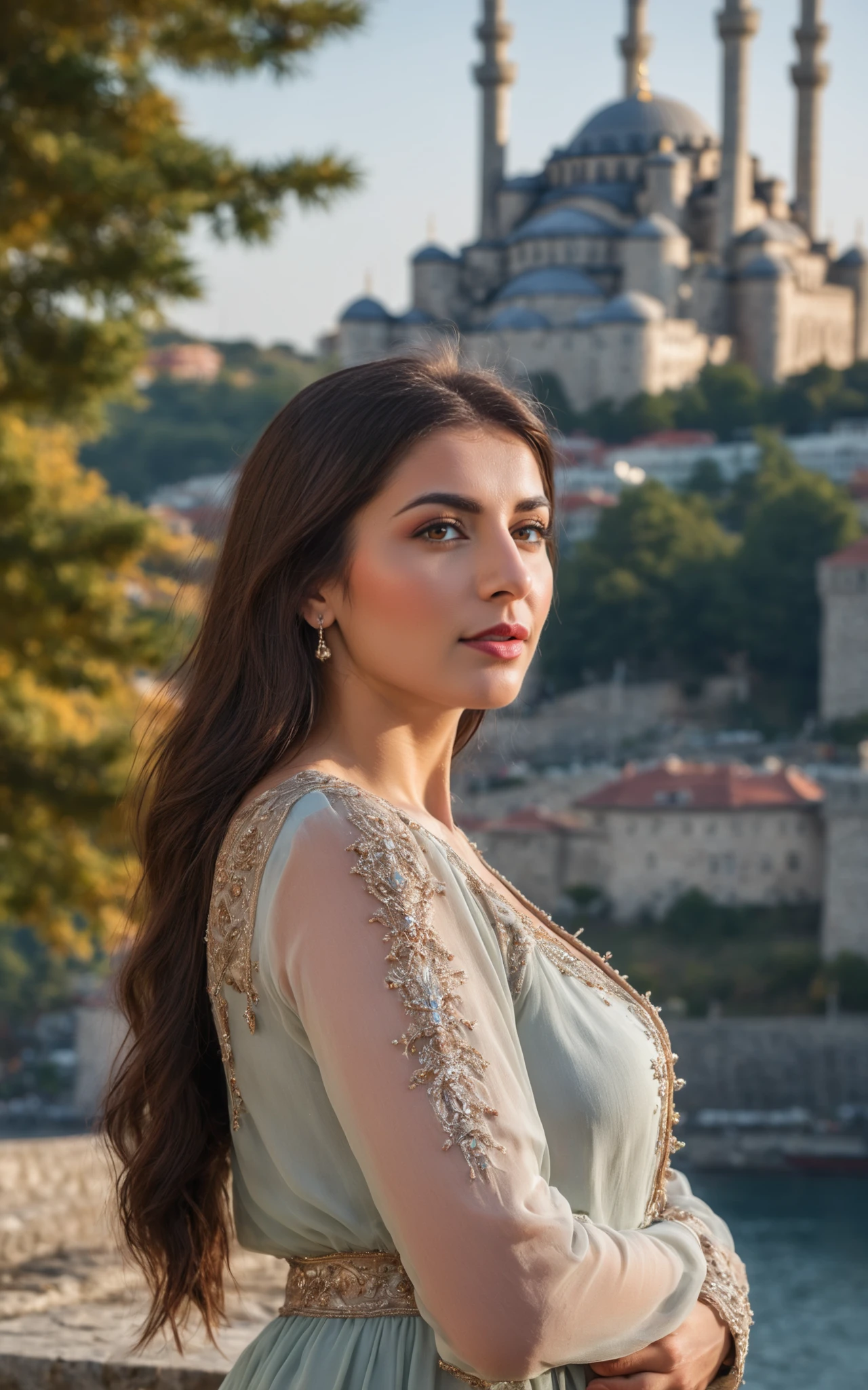 a beautiful turkish woman is standing near istanbul Castle, bokeh, highly detailed