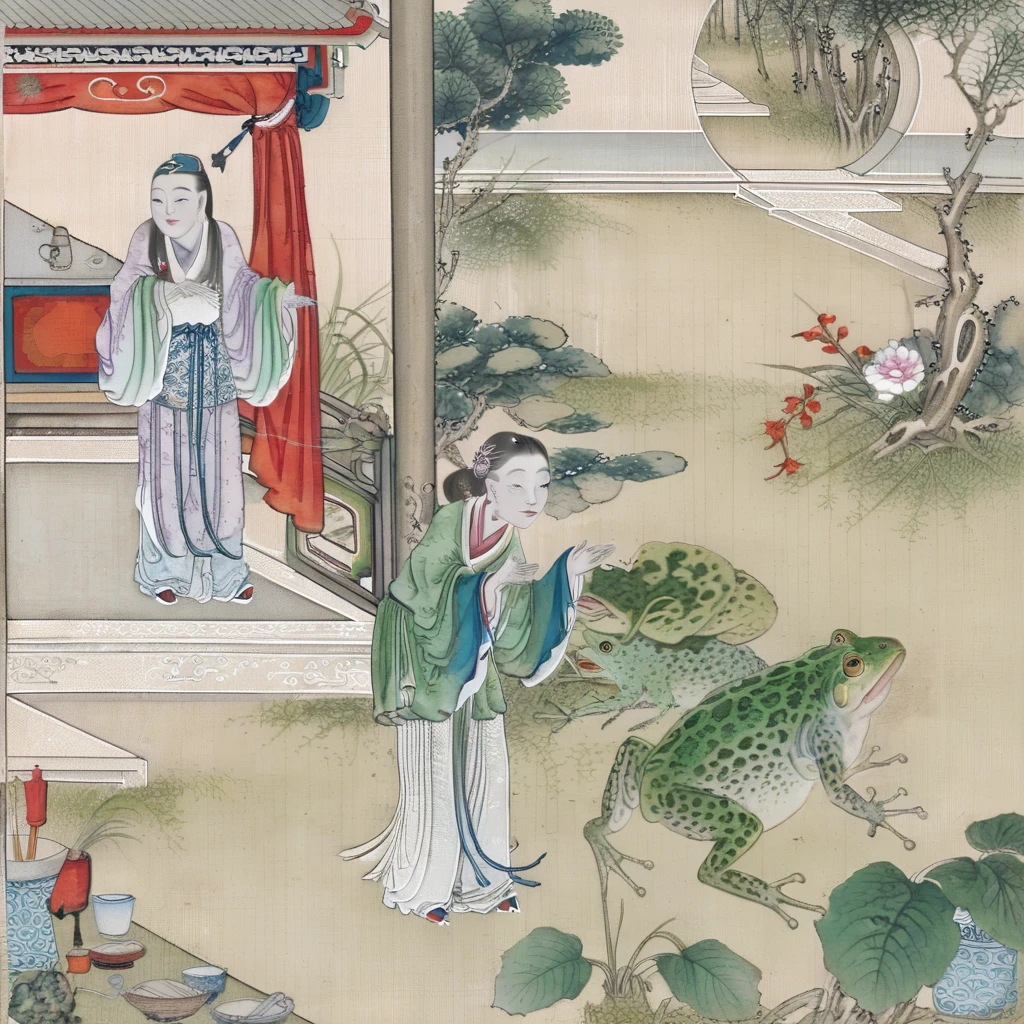 <lora:Liaozhai_xl_v1.0:0.8> A woman and a man stand in background yard, there is a huge frog god, by Chinese Meticulous painting style, Liaozhai art