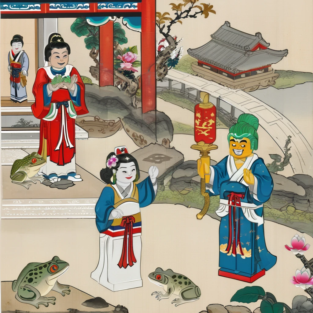 <lora:lego_v2.0_XL_32:0.8>, <lora:Liaozhai_xl_v1.0:0.6>, LEGO MiniFig, A woman and a Saint Seiya man stand in background yard, there is a huge frog god, by Chinese Meticulous painting style, Liaozhai art