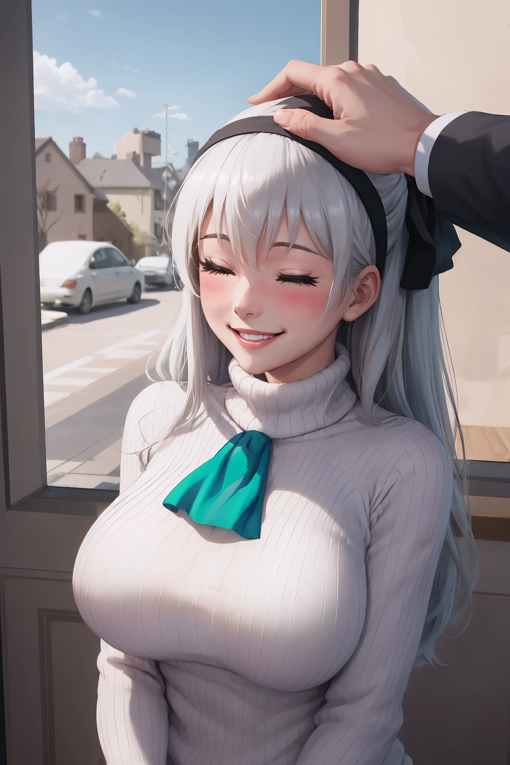 masterpiece, best quality, IncrsHeadpatPOV, headpat, pov, <lora:HeadpatPOVV2:1>, blush, smile, bright smile, teeth, ^_^, super happy, closed eyes, elie macdowell, hairband, blue ascot, hair ribbon, <lora:Char_OC_ElieMacDowell:0.9>, turtleneck sweater, ribbed sweater, sweater dress, huge breasts, parted lips, mature female, motherly, maternal