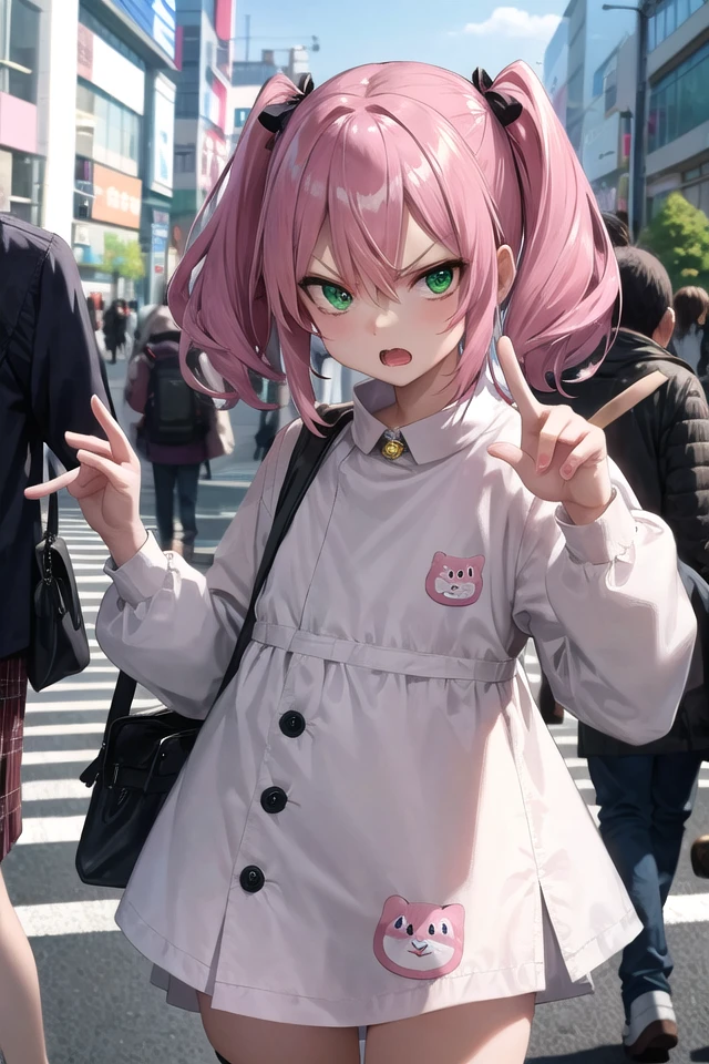 <lora:gekioko_v250:1>
 (cleavage:-1.5),
insanely detailed, absurdres, ultra-highres, ultra-detailed, best quality,
1girl, solo, nice hands, perfect hands,
BREAK,
(wearing harajuku-style coordinate),
angry, open mouth,
points to camera, cowboy shot,
BREAK,
slender, kawaii, perfect symmetrical face, ultra cute girl, ultra cute face, ultra detailed eyes, ultra detailed hair, ultra cute, ultra beautiful,
by Canon EOS, SIGMA Art Lens 35mm F1.4, ISO 200 Shutter Speed 2000,
in harajuku, shibuya, tokyo, street, crowd, cityscape,
medium breasts,
BREAK,
(pink medium hair, dark green eyes), hair between eyes