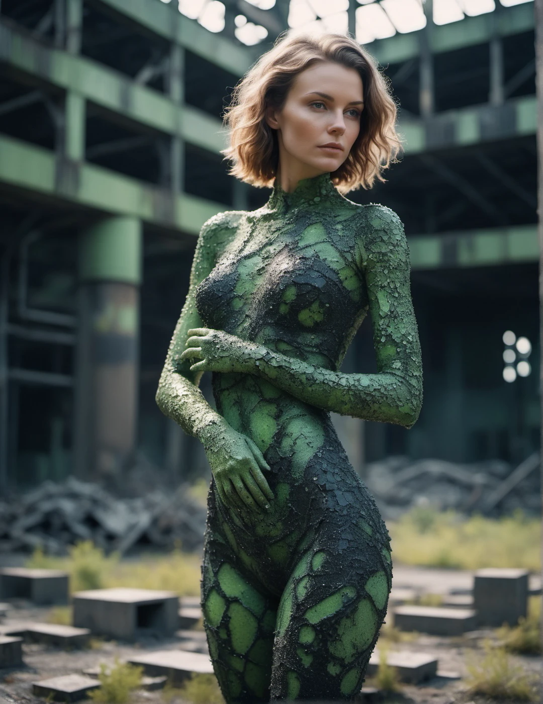 realistic full body shot of (elegant Slavic woman:1.15) with natural skin texture and intricate body art and perfect feminine anatomy showing open palm, abandoned industrial zone in Chernobyl, Voronoi-shaped blocks on the ground, dark carbon voxels with sharp edges, low-poly abandoned nuclear plant, (perfect hands:1.23), (glitter:0.85), (shiny black slime, Voronoi scales, depth of field, (swirly bokeh:1.275), (Kodak Portra 400:0.925) :1.25), (realistic complex abandoned nuclear plant background:1.1), shiny glass, (cosmic horror, gloom, light leaks, mysterious, surreal:1.1), remarkable masterpiece, celestial, ethereal, epic, magical light flares, natural soft dreamy lighting, ((warm-yellow and cold-green:0.85), cinematic look, ideal hand anatomy, hairy pubic, hairy armpits:1.25)