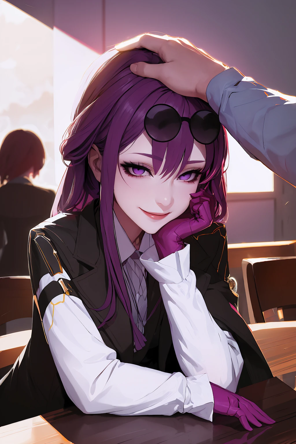 masterpiece, best quality, IncrsHeadpatPOV, headpat, pov, <lora:HeadpatPOVV2:1>, Kafka, purple eyes, jacket, <lora:Char_HonkaiStarRail_Kafka:1>, elbow on table, resting, head rest, seductive smile, smirk,