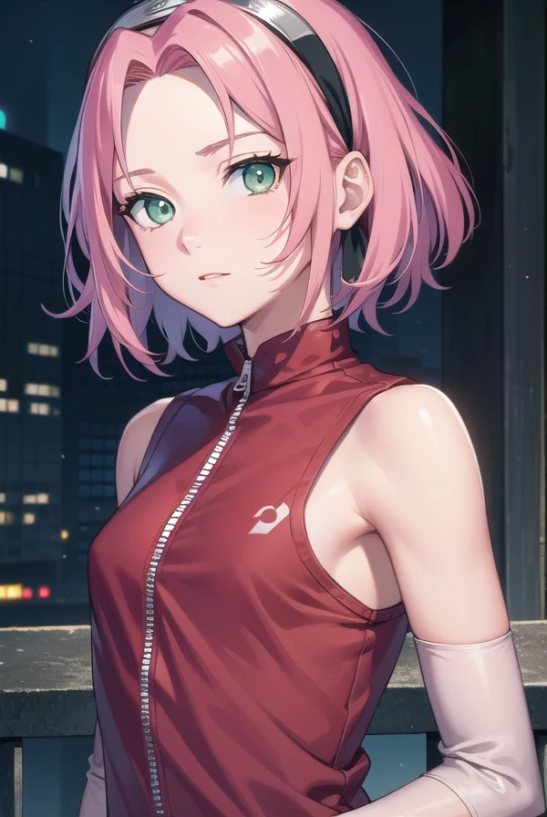 sakuraharuno, <lora:sakuraharunotest-000010:1>, 
sakura haruno, short hair, (green eyes:1.5), pink hair, headband, hair intakes, forehead protector, parted bangs, (small breast:1.2),
BREAK shirt, gloves, shorts, sleeveless, black gloves, sleeveless shirt, red shirt, red jacket, zipper, zipper pull tab, sleeveless jacket,
BREAK looking at viewer,
BREAK outdoors, city, nature, forest,
BREAK <lyco:GoodHands-beta2:1>, (masterpiece:1.2), best quality, high resolution, unity 8k wallpaper, (illustration:0.8), (beautiful detailed eyes:1.6), extremely detailed face, perfect lighting, extremely detailed CG, (perfect hands, perfect anatomy),