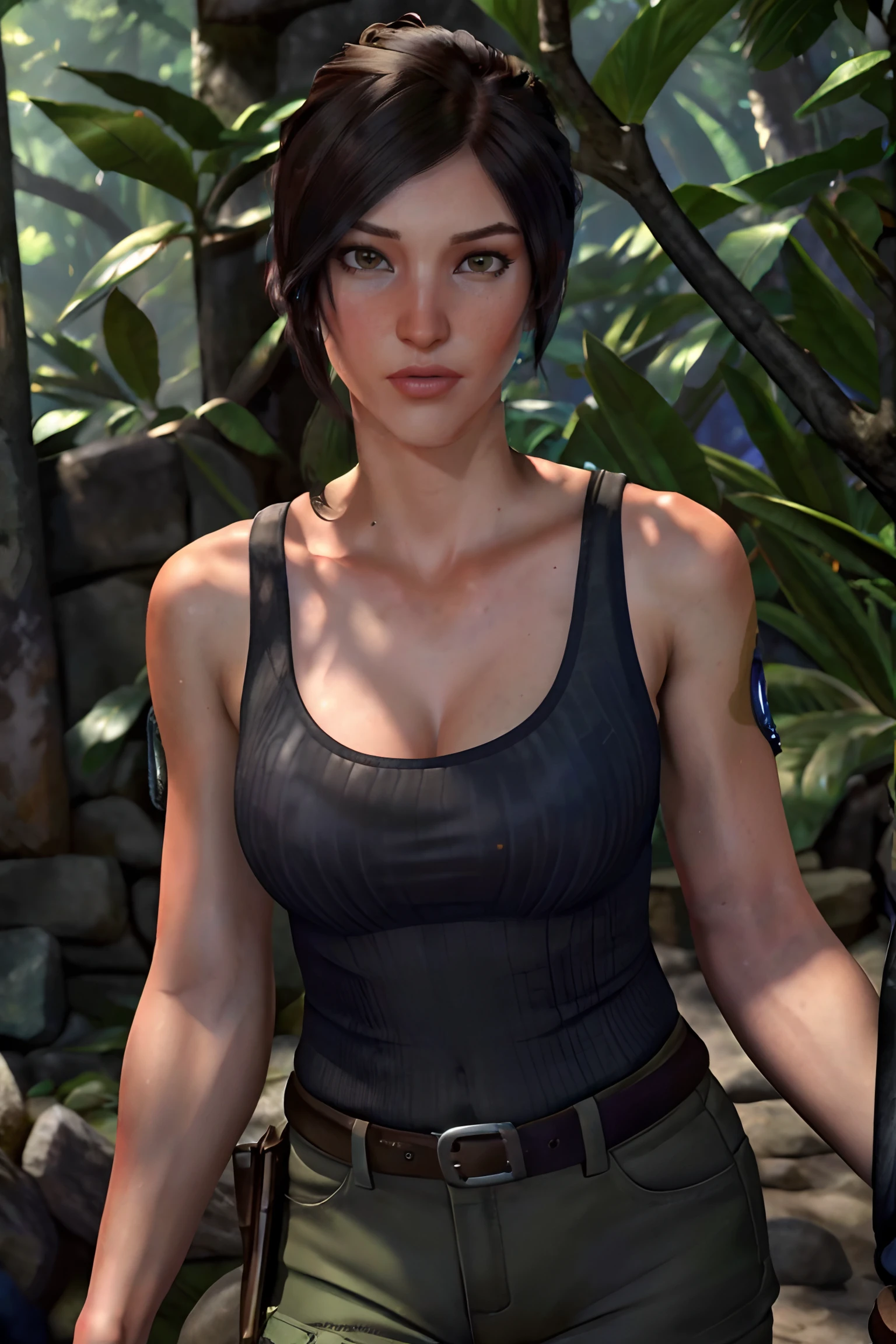 <lyco:epiCRealismHelper:.5> epiCRealism, Lara Croft, portrait, tank top, moonlight, hot pants, cleavage, perfect breasts, serious expression, swaety, award-winning, in jungle, (8k, RAW photo, best quality, masterpiece:1.2),ultra-detailed, (high detailed skin:1.2), 8k uhd, dslr, soft lighting, high quality, jungle ruins backgrounds, <lyco:Owstyle4-000009:.7> 
 <lyco:Lara_Croft_SotTR_v11:0.65>