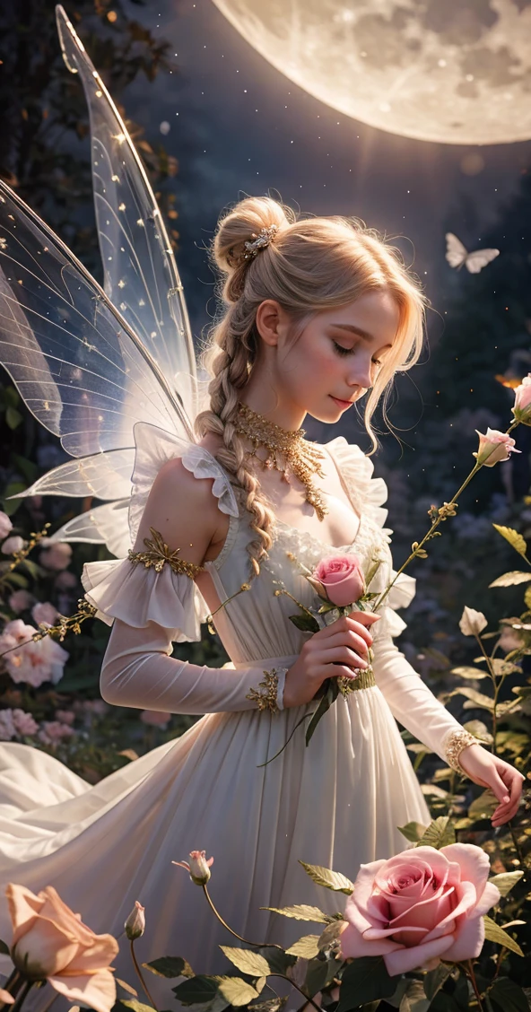 1 moonï¼Beautiful transparent flower fairy baby, Transparent colorful wings, The wand flutters in the windï½¤The wand flashed with starlightï¼Golden wandï¼Beautiful blue sky and white cloudsãGirls have transparent wingsï½¤kindly smileï½¤Beautiful garden backgroundï½¤Gentle and transparentï¼anatomy correct, Delicate patternï¼Pink rose space, Soft lighting, ( Bokeh)ï¼Masterpiece, Super detailed, Epic composition, Highest quality, 8Kï¼Epic romantic fantasy digital artï¼Epic fairy tale fantasy digital artï¼Mythological fantasyï¼UHD resolutionï¼Detailed detail drawingï¼realisticlyingï¼Very realisticï¼cinmatic lighting,an award winning photograph,rich coloursï¼hyper realistic lifelike textureï¼dramatic lighting
