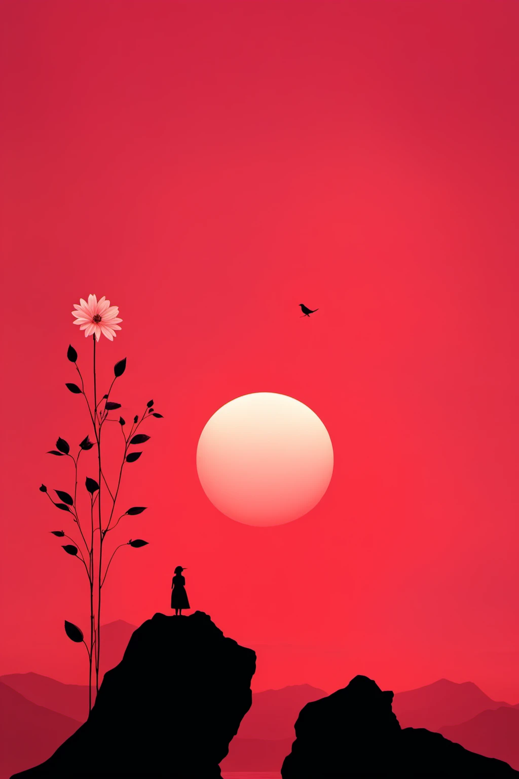 <lora:chahua:0.9>,ch,bird,flower,silhouette,red sky,reflection,red theme,solo,moon,animal,1girl,standing,red flower,sky,outdoors,mountain,scenery,male focus,red background,