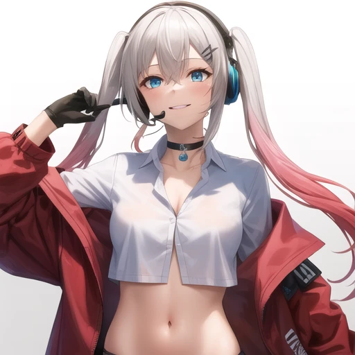 (masterpiece, best quality:1.2),illustration,8k,hd,1girl,solo,upper body,(portrait:1.2),lwmmg (girls frontline),bangs,black choker,black footwear,black gloves,blue eyes,blue shorts,collarbone,collared shirt,crop top,dress shirt,eyebrows visible through hair,gradient hair,hair between eyes,hair ornament,hairclip,headphones,headset,hood,hood down,hooded jacket,long sleeves,medium breasts,midriff,multicolored hair,navel,off shoulder,open clothes,open jacket,pink hair,red jacket,shoes,short shorts,shorts,single sock,single thighhigh,smile,twintails,very long hair,white hair,white shirt,<lora:Lwmmg(gf)>,