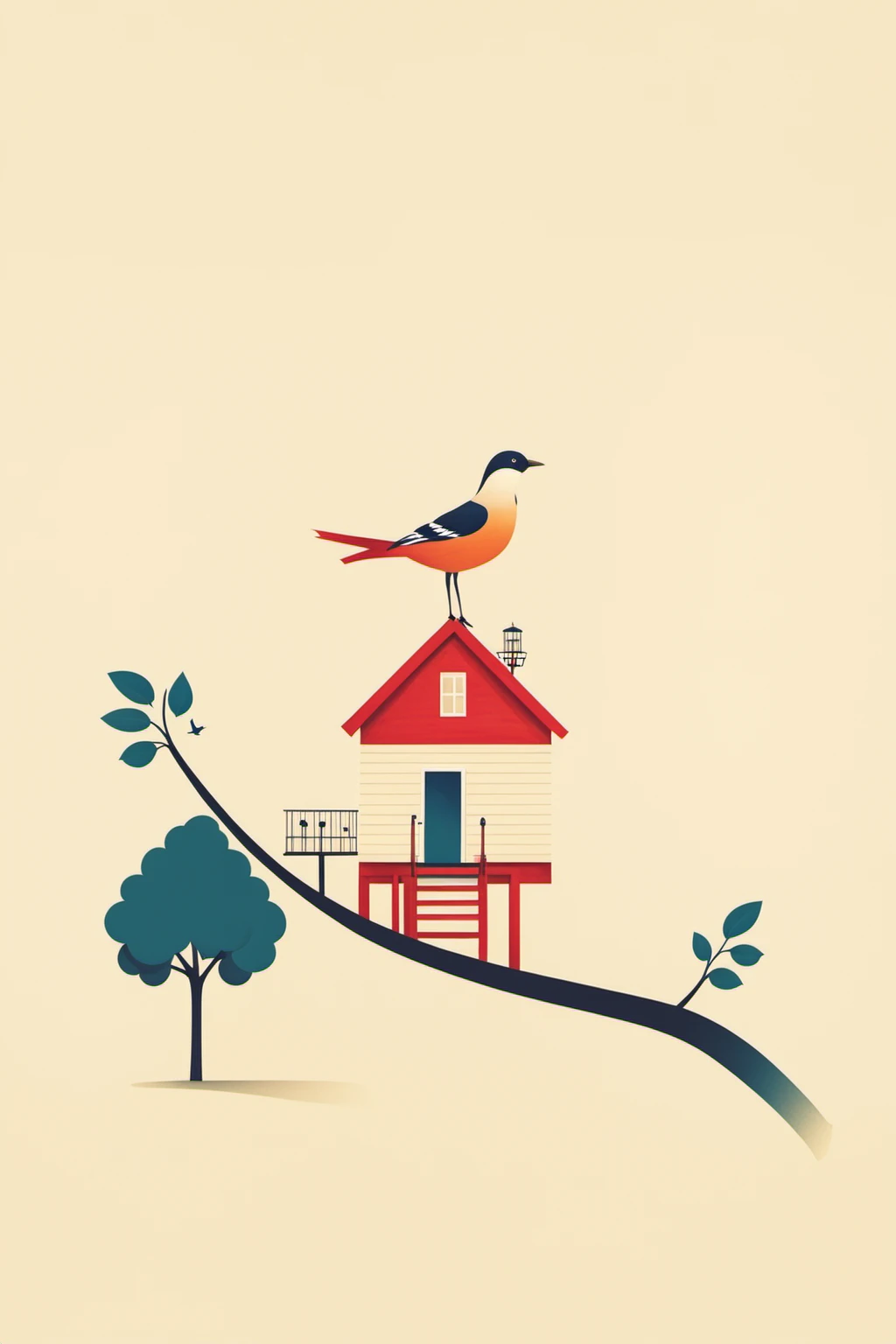 ,ch,tree,bird,no humans,white background,simple background,flag,house,
