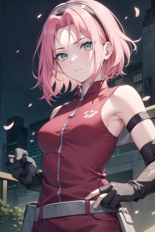 sakuraharuno, <lora:sakuraharunotest-000010:1>, 
sakura haruno, short hair, (green eyes:1.5), pink hair, headband, hair intakes, forehead protector, parted bangs, (small breast:1.2),
BREAK shirt, gloves, shorts, sleeveless, black gloves, sleeveless shirt, red shirt, red jacket, zipper, zipper pull tab, sleeveless jacket,
BREAK looking at viewer,
BREAK outdoors, city, nature, forest,
BREAK <lyco:GoodHands-beta2:1>, (masterpiece:1.2), best quality, high resolution, unity 8k wallpaper, (illustration:0.8), (beautiful detailed eyes:1.6), extremely detailed face, perfect lighting, extremely detailed CG, (perfect hands, perfect anatomy),