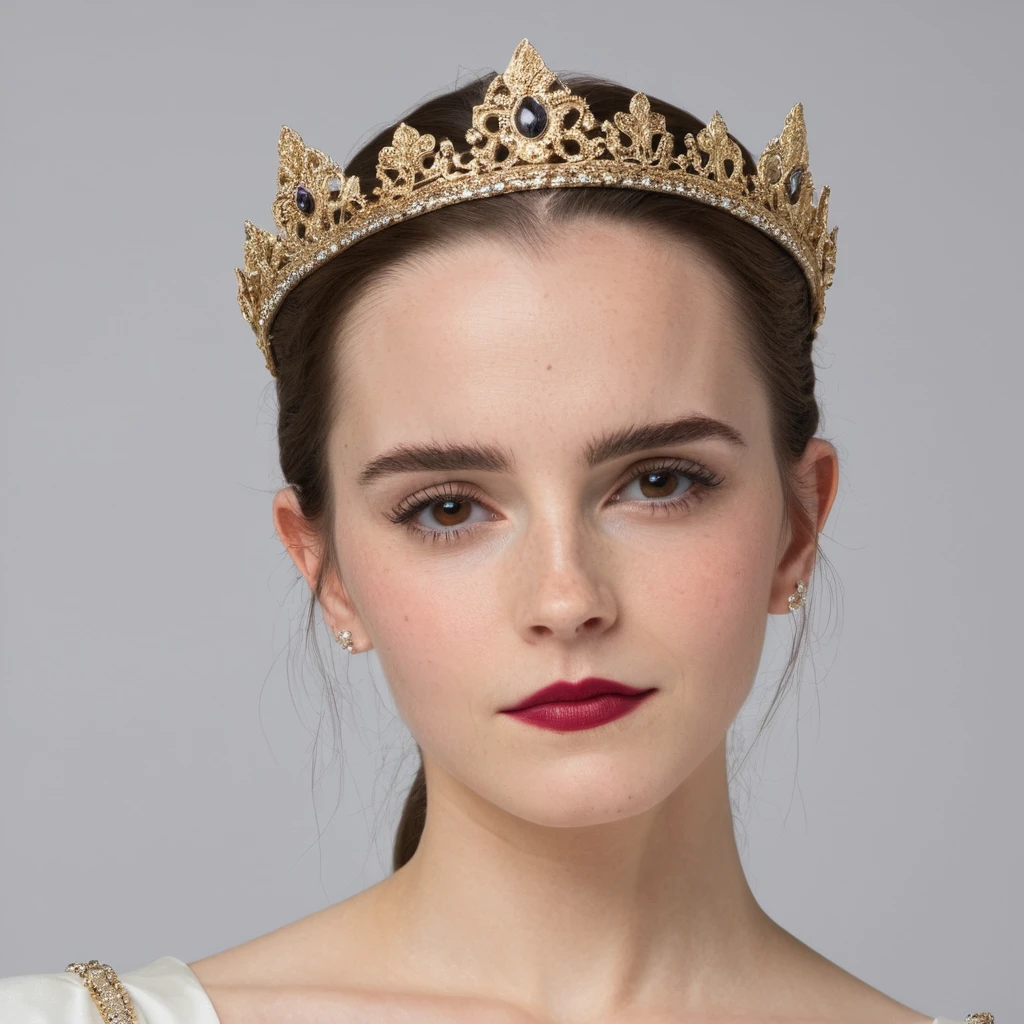 Portrait photo of an actress dressed as a medieval queen with a delicate tiara on her head, Nikon Z9, realistic matte skin, skin texture visible, (sharp focus), (high quality)