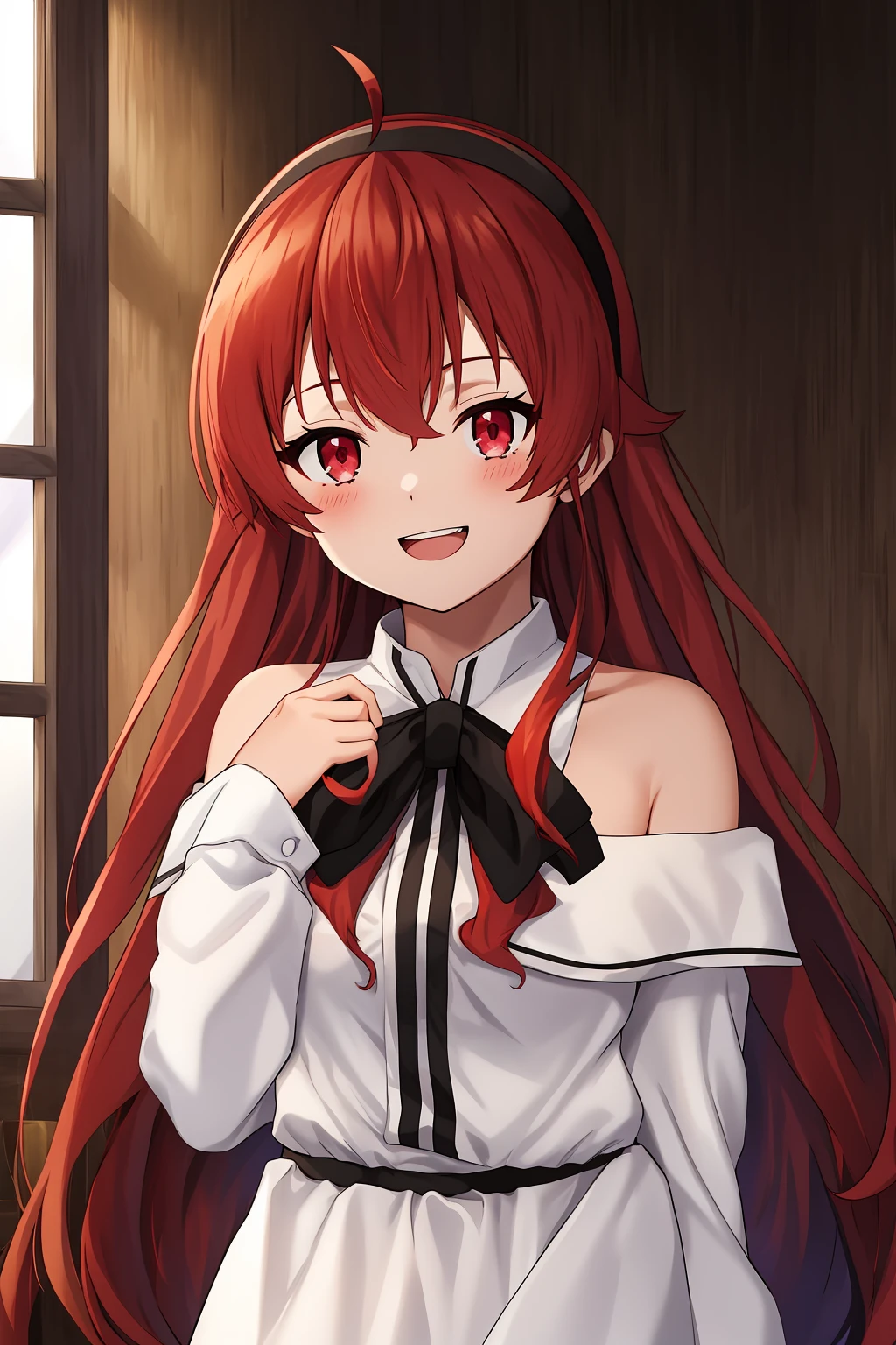 eris, 1girl, solo, long_hair, looking_at_viewer, blush, smile, open_mouth, bangs, shirt, red_eyes, long_sleeves, bow, hair_between_eyes, bare_shoulders, very_long_hair, white_shirt, upper_body, ahoge, :d, red_hair, hairband, small_breasts, teeth, indoors, off_shoulder, white_dress, window, upper_teeth_only, black_hairband, hand_on_own_chest, crossed_bangs