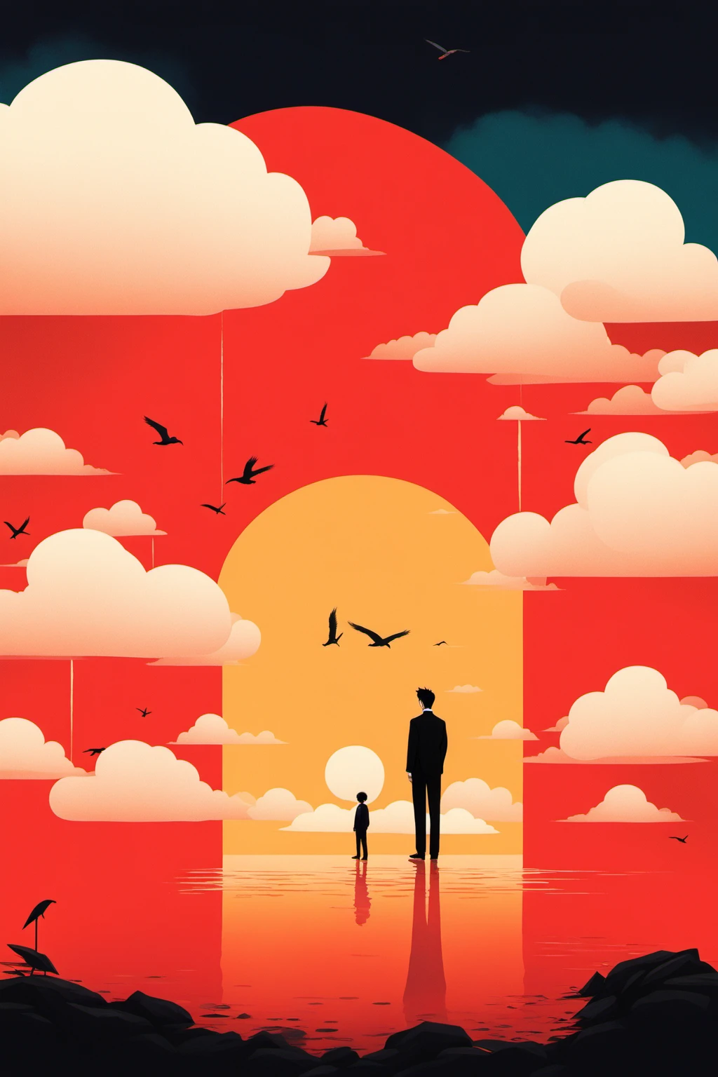 <lora:chahua:0.9>,ch,bird,1boy,male focus,black pants,from behind,standing,pants,solo,black hair,sun,formal,black jacket,suit,surreal,short hair,jacket,cloud,red sky,long sleeves,