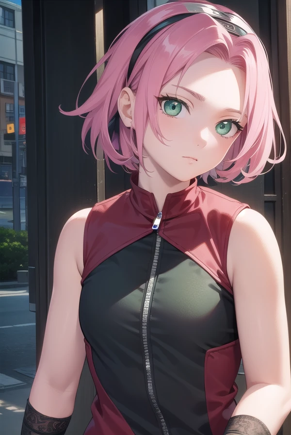 sakuraharuno, <lora:sakuraharunotest-000010:1>, 
sakura haruno, short hair, (green eyes:1.5), pink hair, headband, hair intakes, forehead protector, parted bangs, (small breast:1.2),
BREAK shirt, gloves, shorts, sleeveless, black gloves, sleeveless shirt, red shirt, red jacket, zipper, zipper pull tab, sleeveless jacket,
BREAK looking at viewer,
BREAK outdoors, city, nature, forest,
BREAK <lyco:GoodHands-beta2:1>, (masterpiece:1.2), best quality, high resolution, unity 8k wallpaper, (illustration:0.8), (beautiful detailed eyes:1.6), extremely detailed face, perfect lighting, extremely detailed CG, (perfect hands, perfect anatomy),