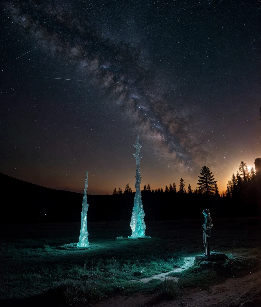 Immerse yourself in a world where the memory lane breathes tales woven in starlight. crystal sculptures, ornate and mesmerizing, stand amidst the landscape inspired by Simon Stålenhag. Each sculpture, glowing with hues of twilight, embodies tales from the "Chrono-Voyager's Testament", captured through wet plate photography, exhibiting both photo-realism and archival standards