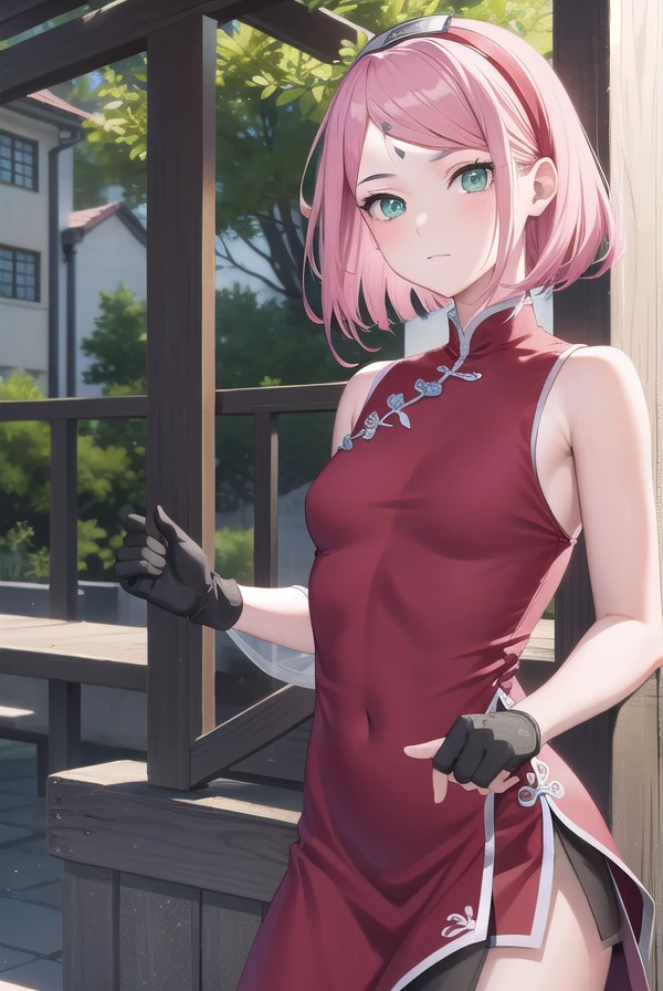 sakuraharuno, <lora:sakuraharunotest-000010:1>,
sakura haruno, short hair, bangs, (green eyes:1.5), pink hair, hairband, facial mark, (forehead mark:1.2), red hairband, (swept bangs:1.5), (small breast:1.2),
BREAK chinese clothes, dress, red dress, short skirt, black shorts, gloves, black gloves, sleeveless,
BREAK looking at viewer,
BREAK outdoors, city, nature, forest,
BREAK <lyco:GoodHands-beta2:1>, (masterpiece:1.2), best quality, high resolution, unity 8k wallpaper, (illustration:0.8), (beautiful detailed eyes:1.6), extremely detailed face, perfect lighting, extremely detailed CG, (perfect hands, perfect anatomy),