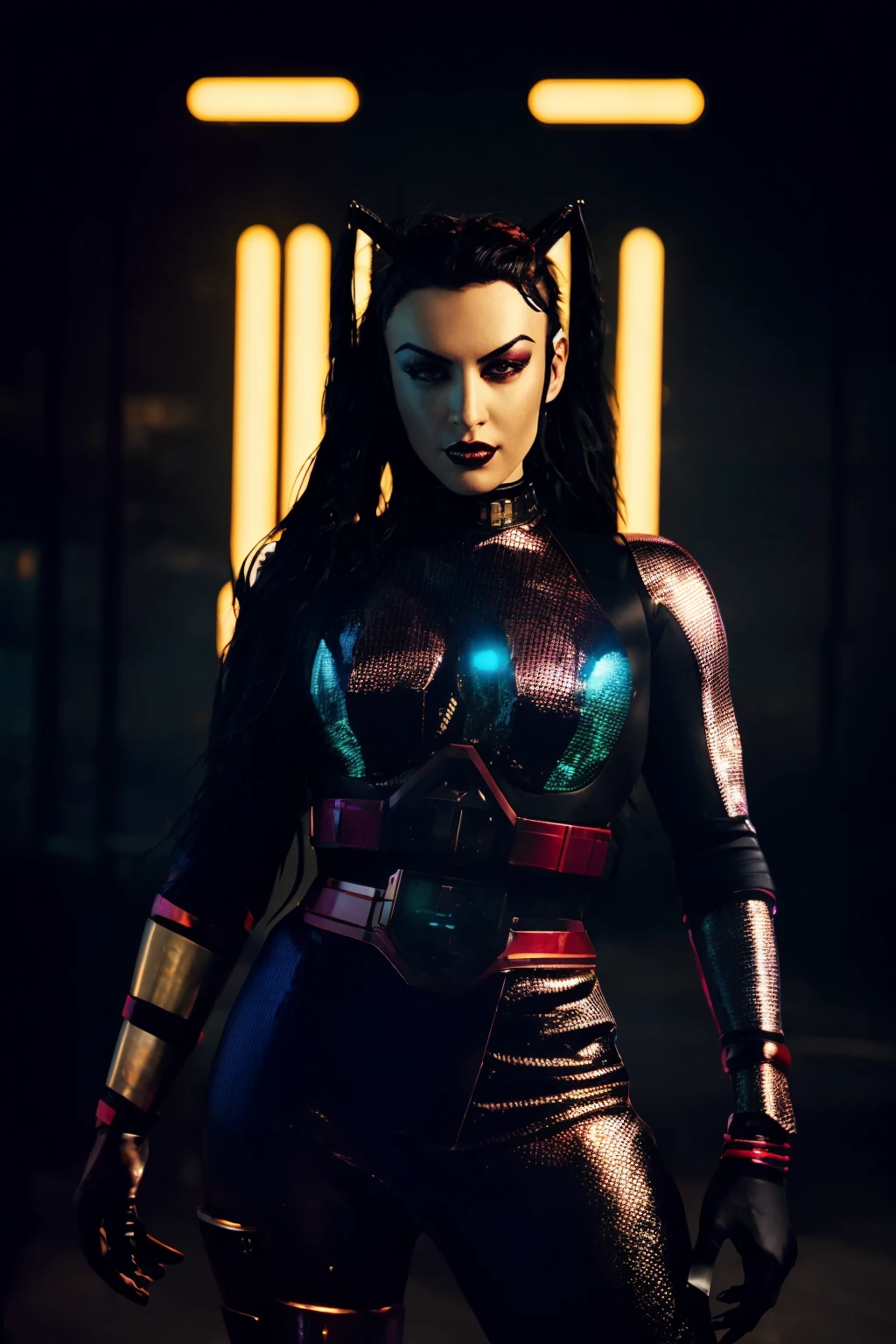 <lora:quiron_LauraAngel_v3_lora:0.91> <lora:quiron_Jaspion_v1_Lora:0.37>, (realistic), cyberpunk style, cinematic photo, LauraAngelQuiron woman, Laura Angel, as cyberpunk JaspionQuiron character wearing (harley quinn) armor with (metallic details) with rusty and damage (cybernetic arm and leg), cyberpunk scene, dynamic posture, perfect hands, Her face showcases a multitude of cybernetic implants, each adding to her cyberpunk allure. (ai artwork by Quiron:0.1), neon light, night, insane level of details, trending on artstation, cinematic light, side lighting, best shadow, 8k uhd, dslr, soft lighting, high quality, film grain, Fujifilm XT3,