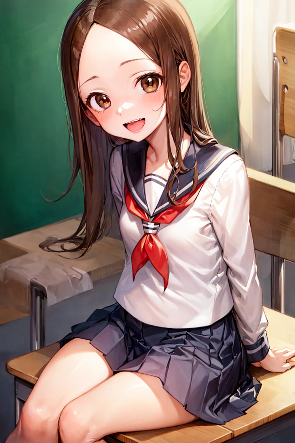 1girl, takagisan, child brown eyes, brown hair, long hair, forehead, school uniform, serafuku, sailor collar, :d, sitting, classroom, day <lora:Takagi-san:1>