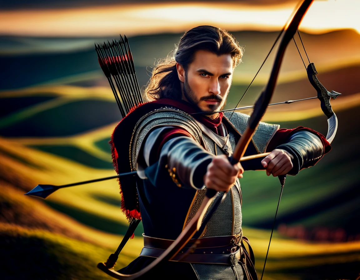 (Gorgeous Photo) of a man in a medieval outfit holding a bow and arrow,thematic background, side light, rim lighting, studio lighting, ultra quality, sharp focus, film grain, Fujifilm XT3, highly detailed glossy eyes, high detailed skin, skin pores,

dark fantasy, romantic,dynamic fighting pose,,natural pose, dark fantasy style, raw, 32k uhd, dslr

