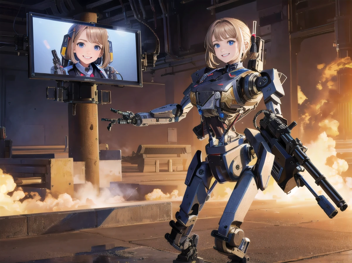 In a high-resolution masterpiece, a wide shot reveals a girl's face on a monitor, as she controls a machine gun with a smile. <lora:Robocain:0.65>, (robocain:1.4)