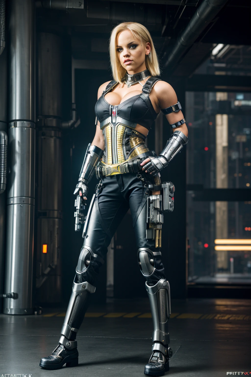 <lora:quiron_BrittneyAngel_v2_lora:0.87>, Realistic, RAW photo, sharp, masterpiece, highres, BrittneyAngelQuiron woman, blond hair, Brittney Angel wearing (superheroine magik  realistic cyberpunk costume), (pants),  armor, ((cyborg  1arm)),  dynamic pose,  highly detailed, trending on Artstation,   cyberpunk style,  Pentax K1000 Camera, game marvel vs. capcom background