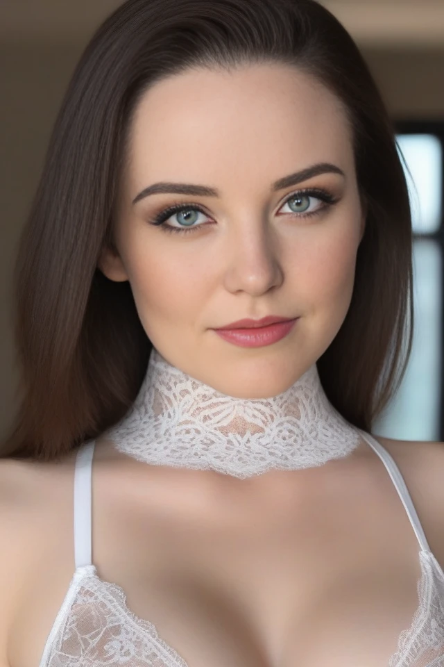 woman wearing a lingerie, dark long hair, hyper realistic, 4k, masterpiece, beautiful, facing the viewer, headshot, cleavage, white lace bra, turtle neck sports bra, pale skin, fair skin, smirk,
<lora:EllenXL:1>