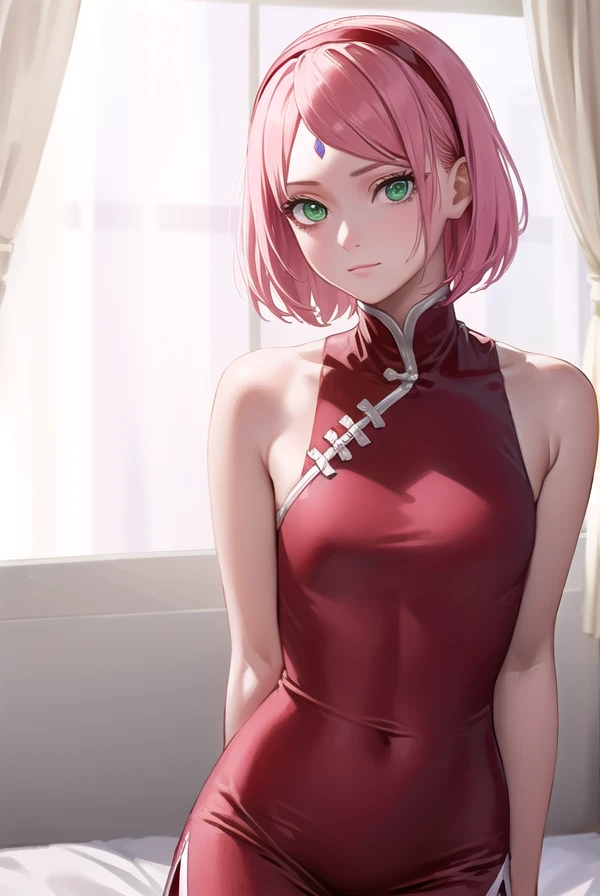 sakuraharuno, <lora:sakuraharunov2-lora-nochekaiser:1>,
sakura haruno, short hair, bangs, (green eyes:1.5), pink hair, hairband, facial mark, (forehead mark:1.2), red hairband, (swept bangs:1.5), (small breast:1.2),
BREAK chinese clothes, dress, (red dress:1.2), short skirt, black shorts, gloves, black gloves, sleeveless,
BREAK looking at viewer,
BREAK indoors, bed,
BREAK <lyco:GoodHands-beta2:1>, (masterpiece:1.2), best quality, high resolution, unity 8k wallpaper, (illustration:0.8), (beautiful detailed eyes:1.6), extremely detailed face, perfect lighting, extremely detailed CG, (perfect hands, perfect anatomy),