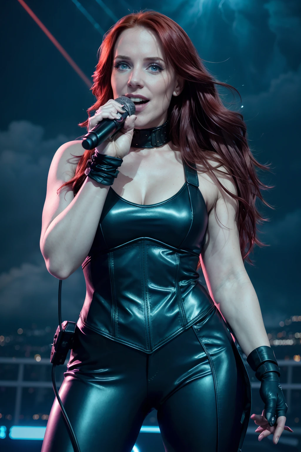 <lora:quiron_SimoneSimons_v4_lora:0.87>, realistic, glowing neon lights, cinematic scene, hero view, Photorealism, absurdres, cowboy shot, SimoneSimonsQuiron woman, Simone Simons, singing at stage holding a microphone, masterpiece, high quality, (official art, extreme detailed, highest detailed), futuristic style, vivid colors, lightning, clouds, neon lights, dark gritty dystopian feel, backlighting, night time lights, real photo shoot, matrix, long red hair smiling at the camera