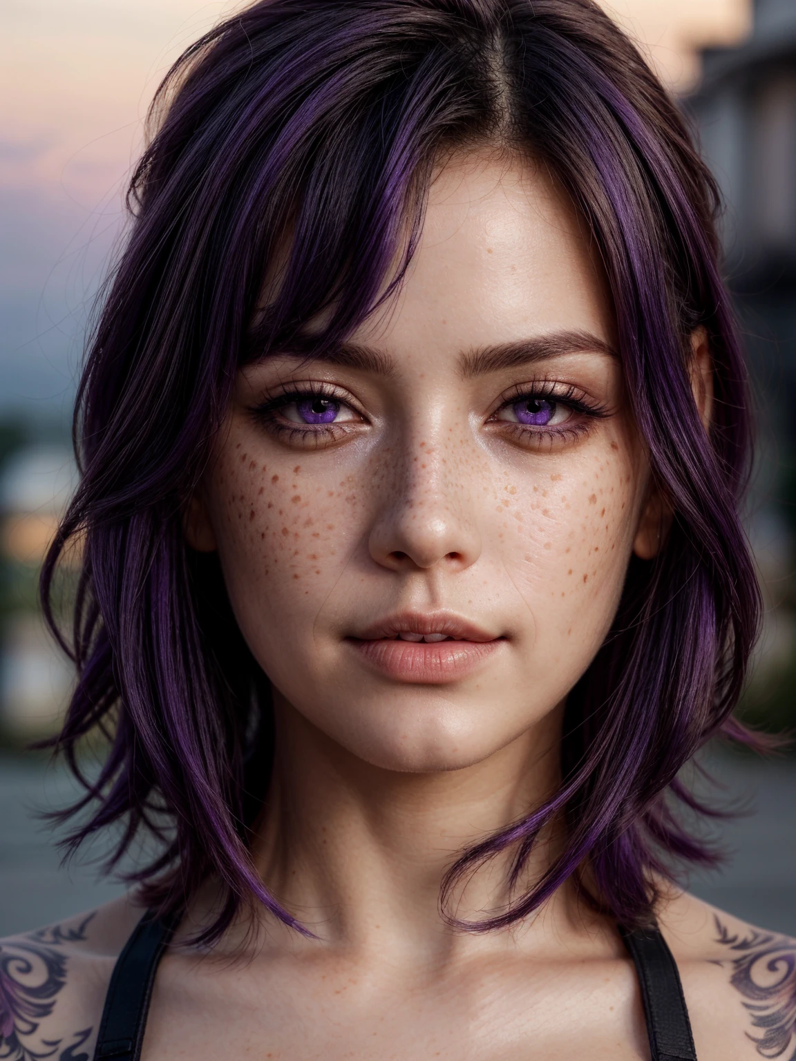 (((closeup, face, focus, blur background, detailed eyes))), (purple eyes:1.4),
sunset lighting, freckles, slight smile, clouds, (purple hair:1.3), tattoos
<lora:more_details:0.8>, masterpiece, extreme details, detailed, focus, masterpiece, realistic, photorealistic, 4k, 8k, 16k, highres, shiny, shiny hair, shiny skin, shiny clothes