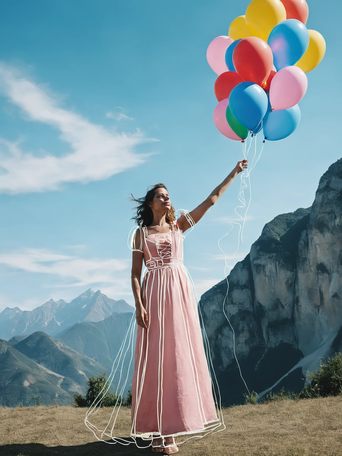 a woman in a dress standing in front of a mountain with balloons and a sky background, <lora:Lines_Clothes_XL:1>