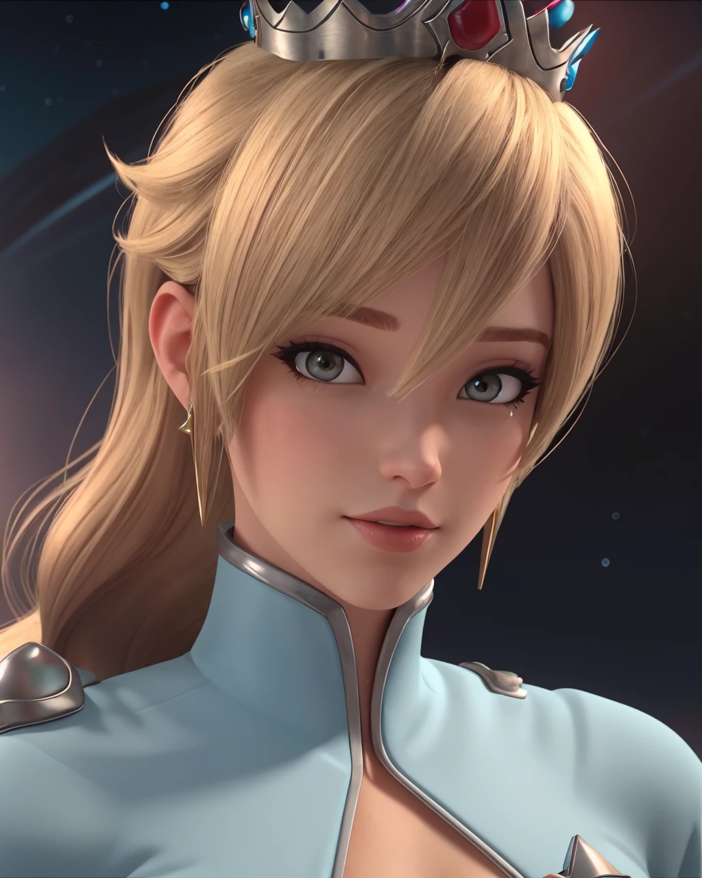 3D, CGI, 3D render , 1girl,standing,aqua dress, looking at viewer, close up, space background, crown, photography,  blonde long hair, hair over eye, ow4style
<lyco:ros1-000020_2:1>  
<lyco:owstyle5:1.2>