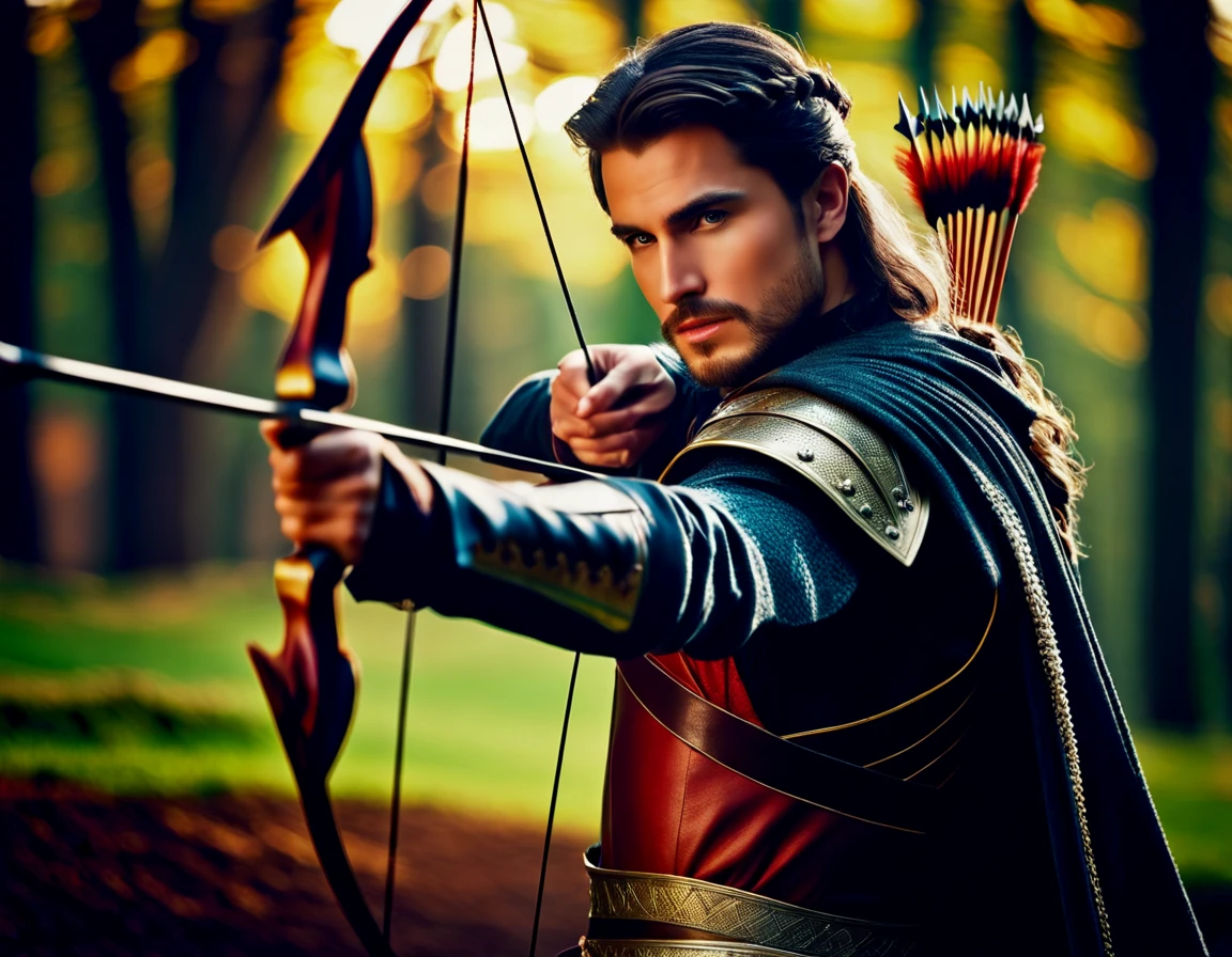 (Gorgeous Photo) of a man in a medieval outfit holding a bow and arrow,archer, thematic background, side light, rim lighting, studio lighting, ultra quality, sharp focus, film grain, Fujifilm XT3, highly detailed glossy eyes, high detailed skin, skin pores,

dark fantasy, romantic,dynamic fighting pose,,natural pose, dark fantasy style, raw, 32k uhd, dslr

