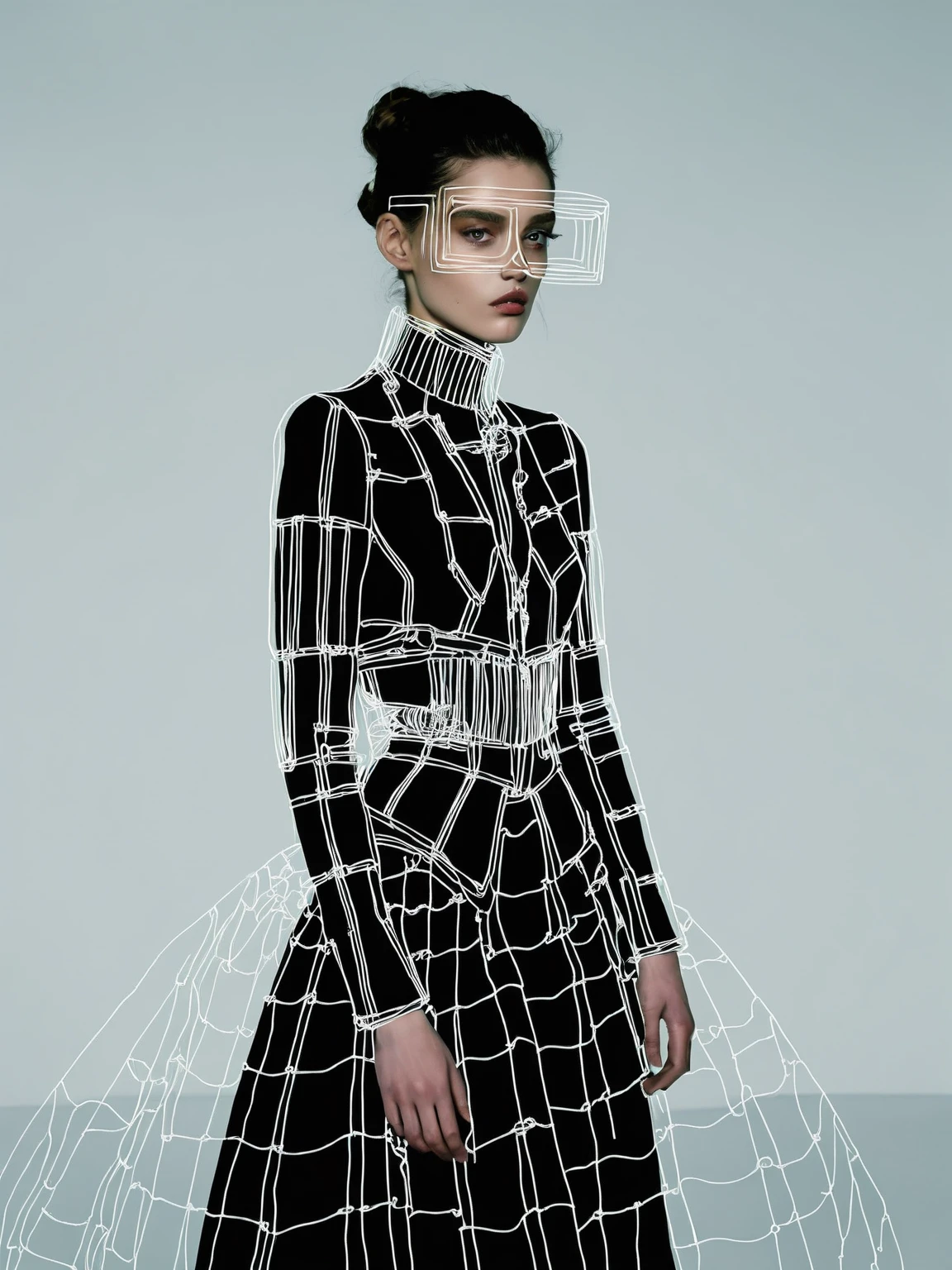 A virtual rebel redefines elegance with post-human posh, donning glitched chic attire that blurs the boundaries between avant-garde and fashion-forward., <lora:Lines_Clothes_XL:1>