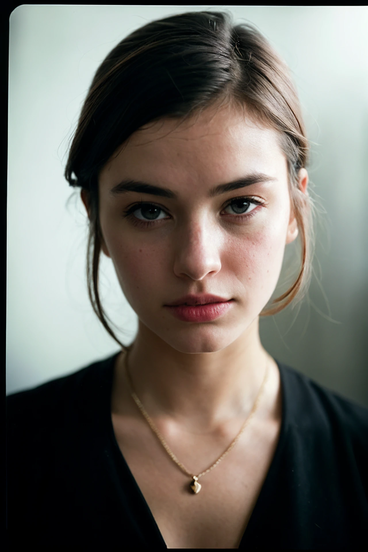 A photo of a girl, dramatic,  21 years old european cute girl, midnight, dark studio, rim lighting, two tone lighting, dimly lit, (low key:1.4), film grain, finely detailed skin, rim lighting, hard lighting, ((Rolleiflex photography))  (8K, 16k, uhd, dslr), (RAW photo:1.2), (best quality:1.4), (high quality:1.4), (masterpiece:1.2), (realistic:1.3), (photo-realistic:1.4), ultra-detailed, (grainy:0.4)