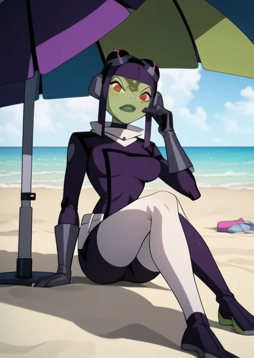 <lora:attea-10:1> attea, half body, sitting under umbrella, on beach, masterpiece, best quality