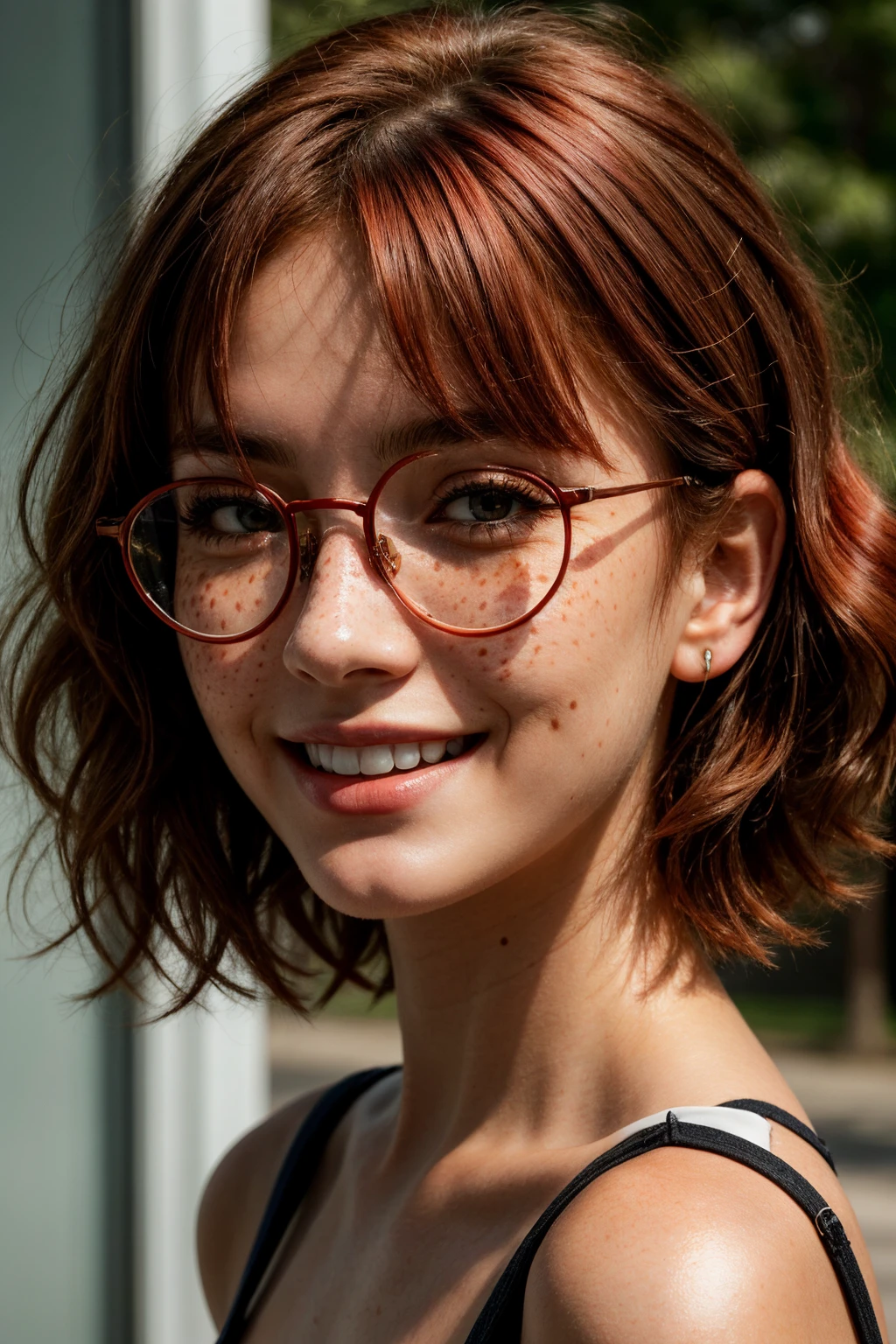 a photo of a girl's face with freckles and round glasses,
(red hair:1.2), short hair, bangs, messy hair, 
smiling, 
 <lora:more_details:0.7>, shiny, shiny hair, shiny skin, shiny clothes, masterpiece, extreme details, detailed, focus, masterpiece, realistic, photorealistic, 4k, 8k, 16k, highres