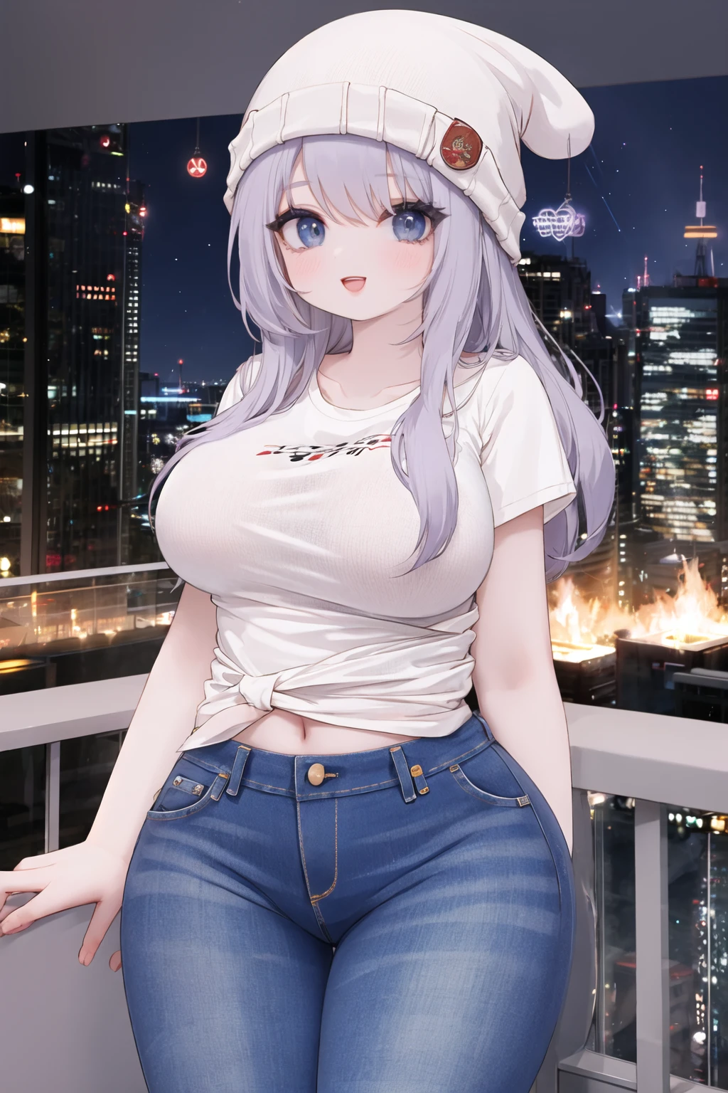 <lora:hips-10:1>, wide hips, 1girl, large breasts, t-shirt, city, jeans, lips, looking at viewer, :d, beanie, cowboy shot,