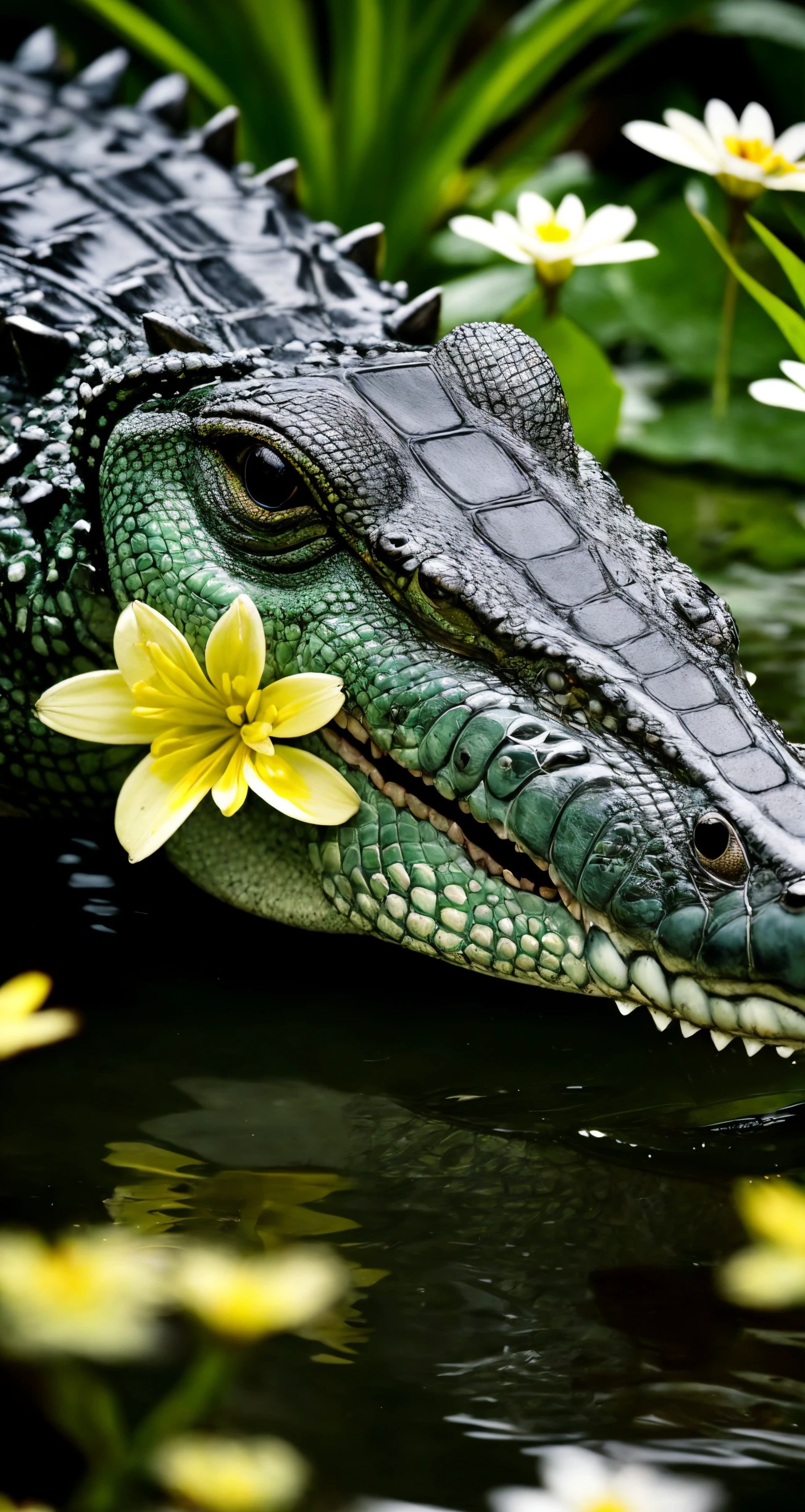 photo of cute alligator closeup, centered, RAW, masterpiece, realistic, hyper realistic,
muted color, film grain, looking at viewer, soft colors, fascinating, blurry background, garden, high contrast, dark background, flowers, closeup,