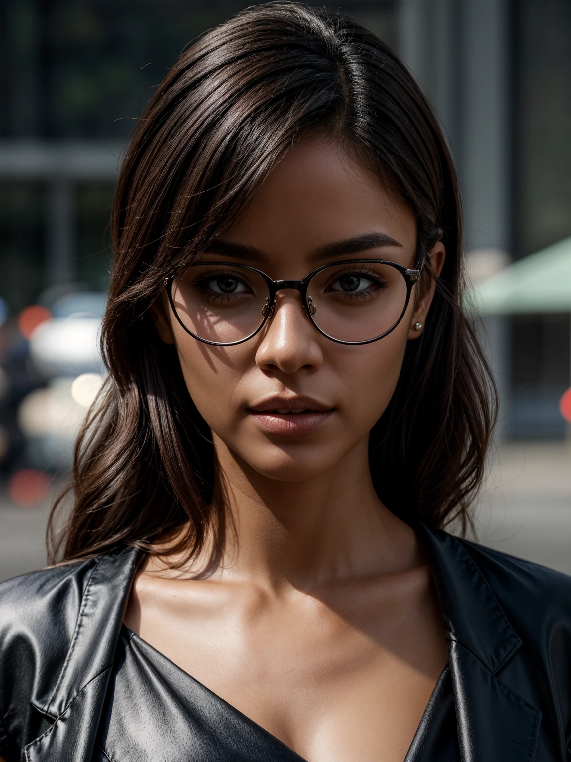 a dark-skinned businesswoman wearing glasses
 <lora:more_details:0.8>, shiny, shiny hair, shiny skin, shiny clothes, masterpiece, extreme details, detailed, focus, masterpiece, realistic, photorealistic, 4k, 8k, 16k, highres