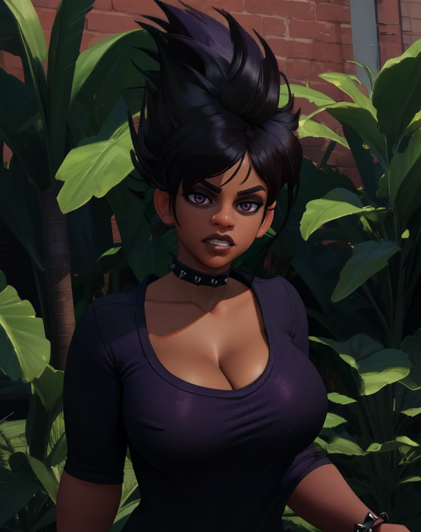 willow, black hair, brown eyes, spiked hair,     serious, 
black shirt, purple jeans,  bracelet,  spiked collar,  teeth, 
standing, upper body,  cleavage,  
giant backyard,  large plants, 
(insanely detailed, beautiful detailed face, beautiful detailed eyes, masterpiece, best quality)  solo,
 <lora:willow-10GD:0.7>