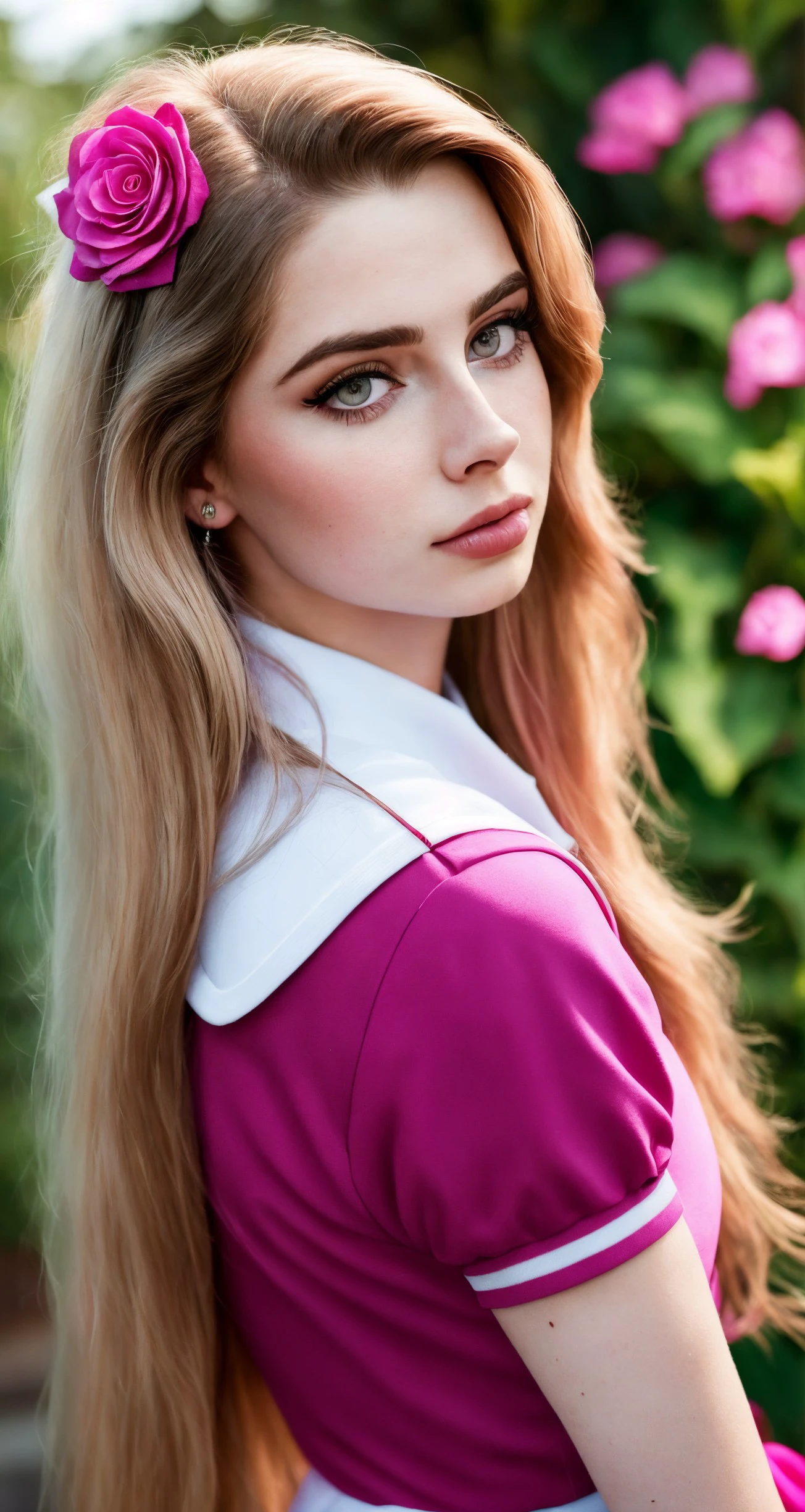 tiktok photo of 23 years old woman, [lana rhoades|avril lavigne|lana del rey] face focus, closeup, RAW, masterpiece, realistic, hyper realistic, muted color, film grain, looking at viewer, polo's pastel perfection looking 80s casual soft collars, fascinating, wearing Magenta dress, hair ornament flower, 
garden at background