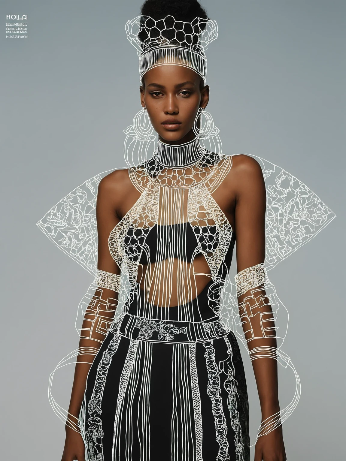 A visionary designer crafting garments that seamlessly merge Afrocentric motifs with holographic fabrics, manifesting a harmonious fusion of tradition and innovation, design:1.3, innovation:1.4, tradition:1.2., <lora:Lines_Clothes_XL:1>