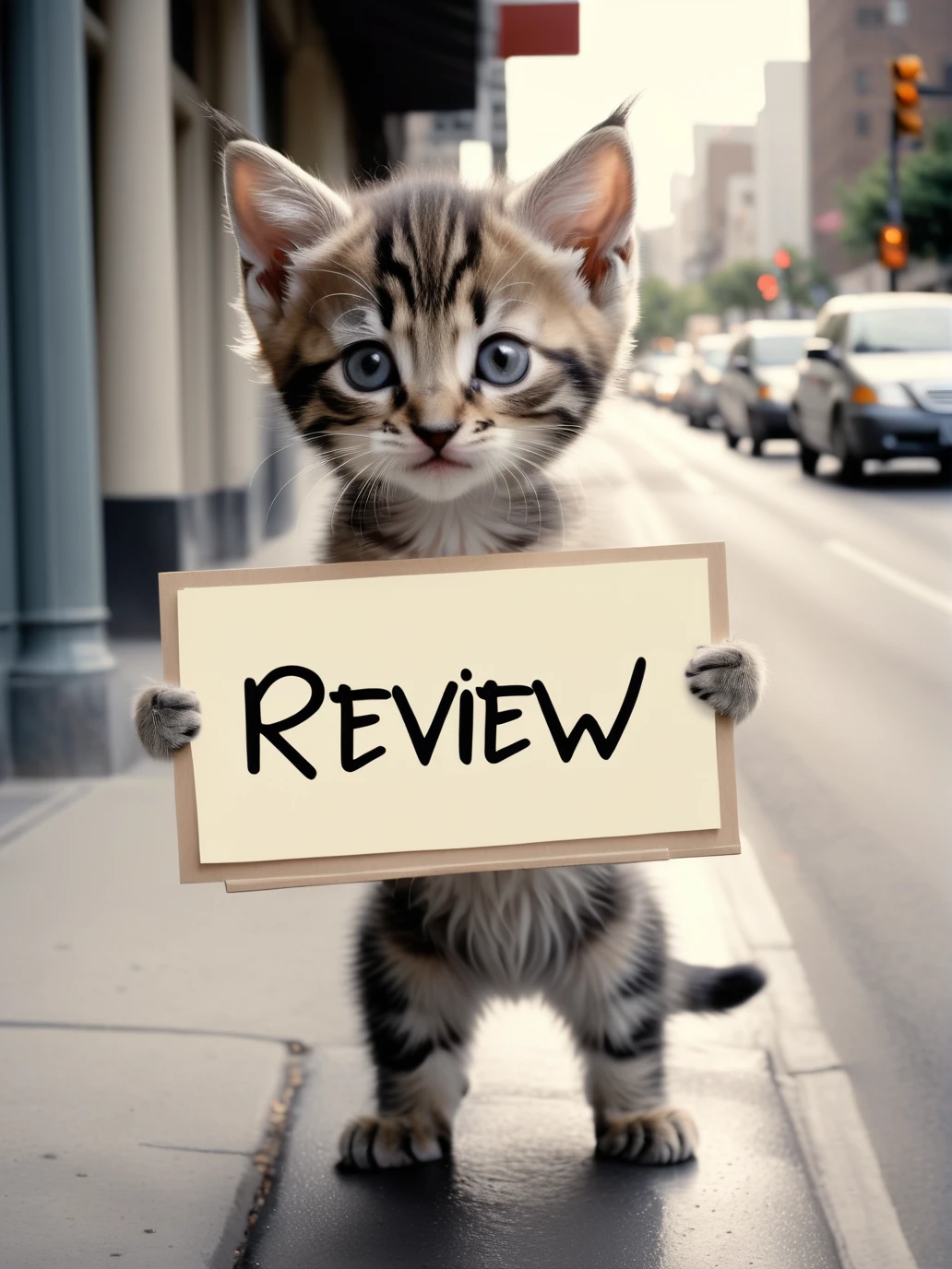 analog raw photo of the adorable anthropomorphic kitten holding the sign "Review"