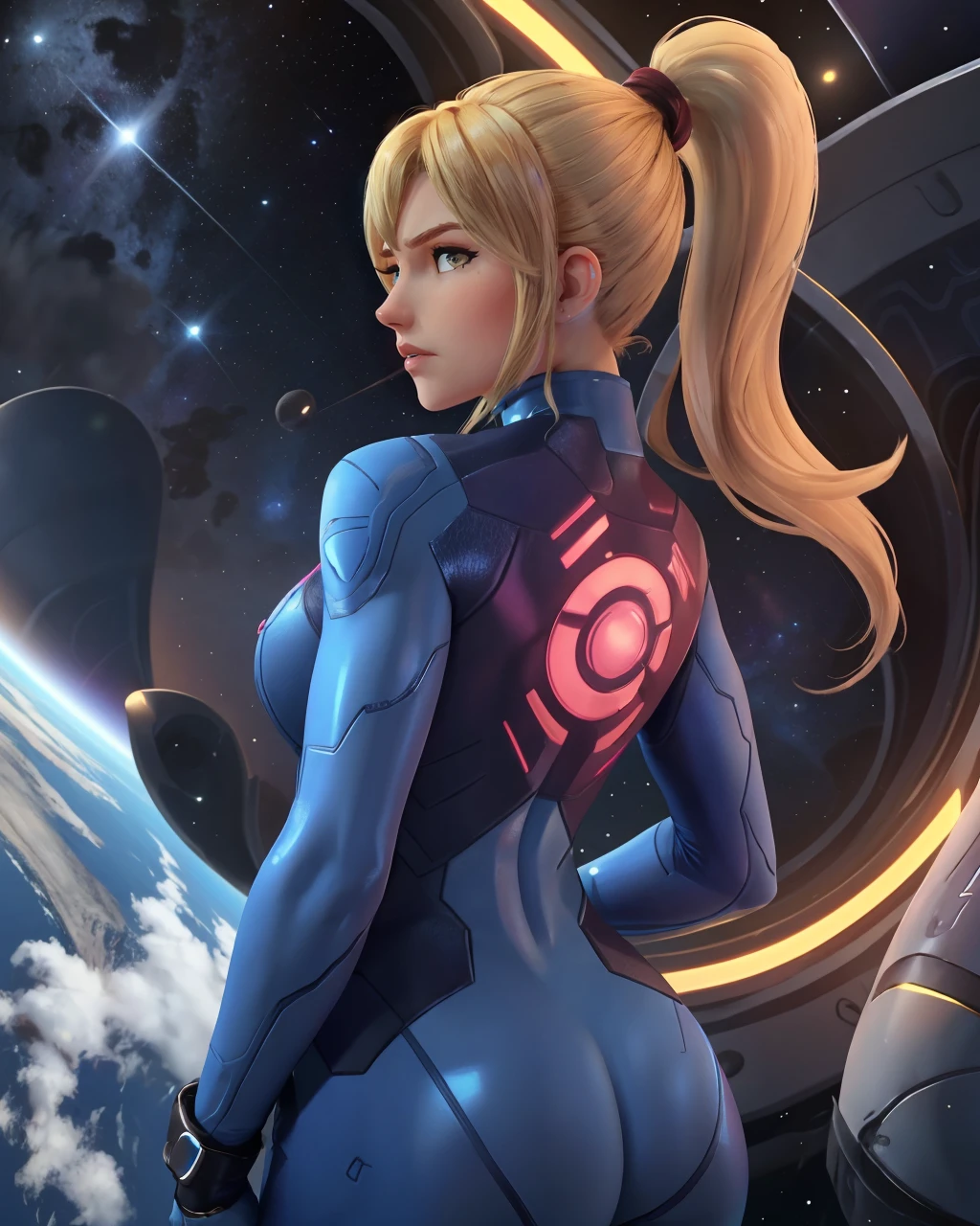 masterpiece, best quality, samus aran, ponytail, blonde hair, hair tie, blue bodysuit, upper body, looking at viewer, furrowed brow, arms at sides, from behind, looking at viewer, space station, space <lyco:samus-nvwls-v1-final:0.9>
<lyco:owstyle5:1.4>